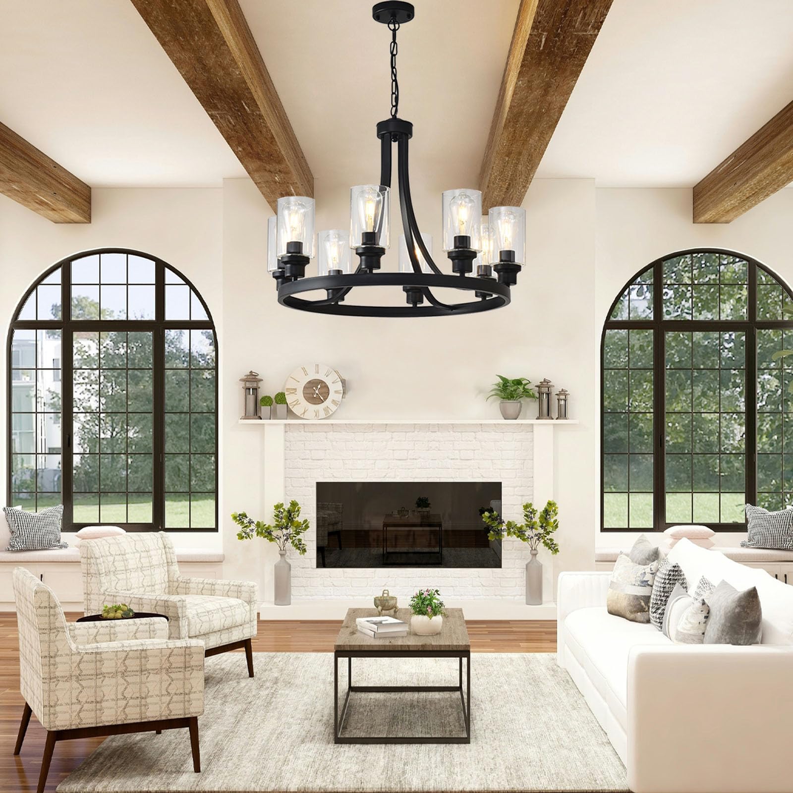 LOFTPLUS Farmhouse Chandelier - 8-Light Black Rustic Wagon Wheel Ceiling Fixture for Dining Room, Living Room, Kitchen Island