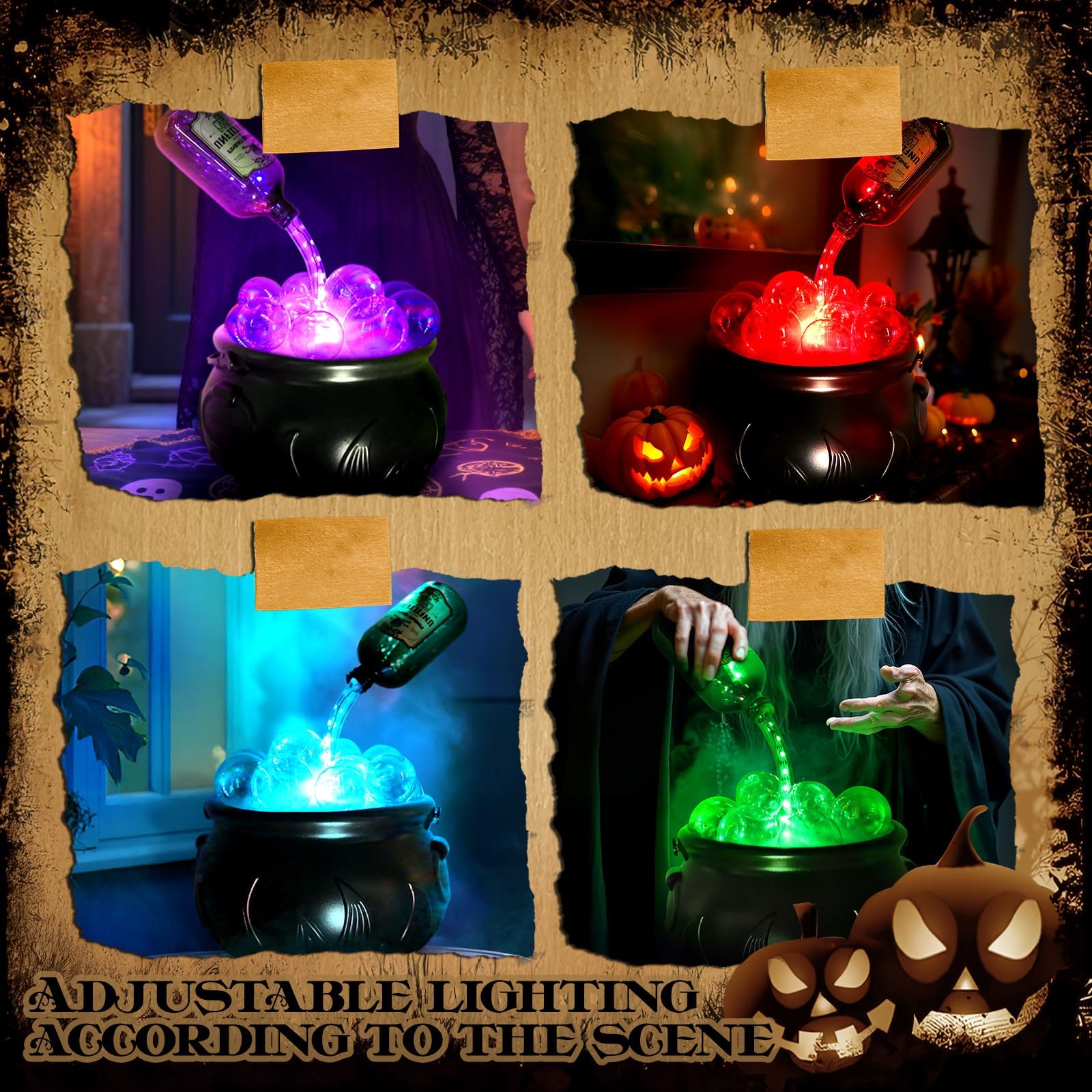 JEGERMIG LED Color Changing Cauldron Light with Floating Potion Bottles - Spooky Home Decoration - Black