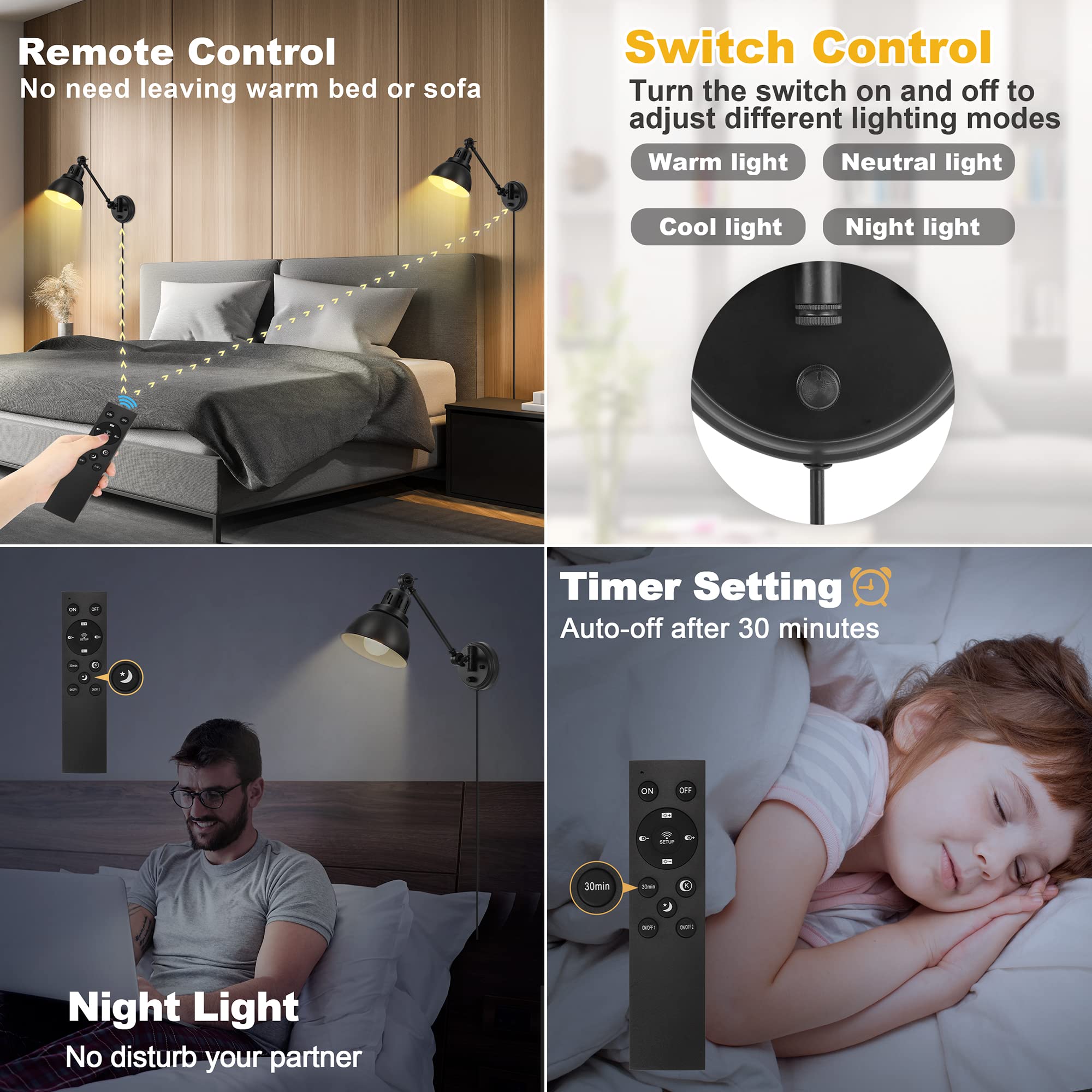 Goodate Black Remote Plug-In Wall Sconces, 2 Pack, Dimmable Led, Night Light & Timer