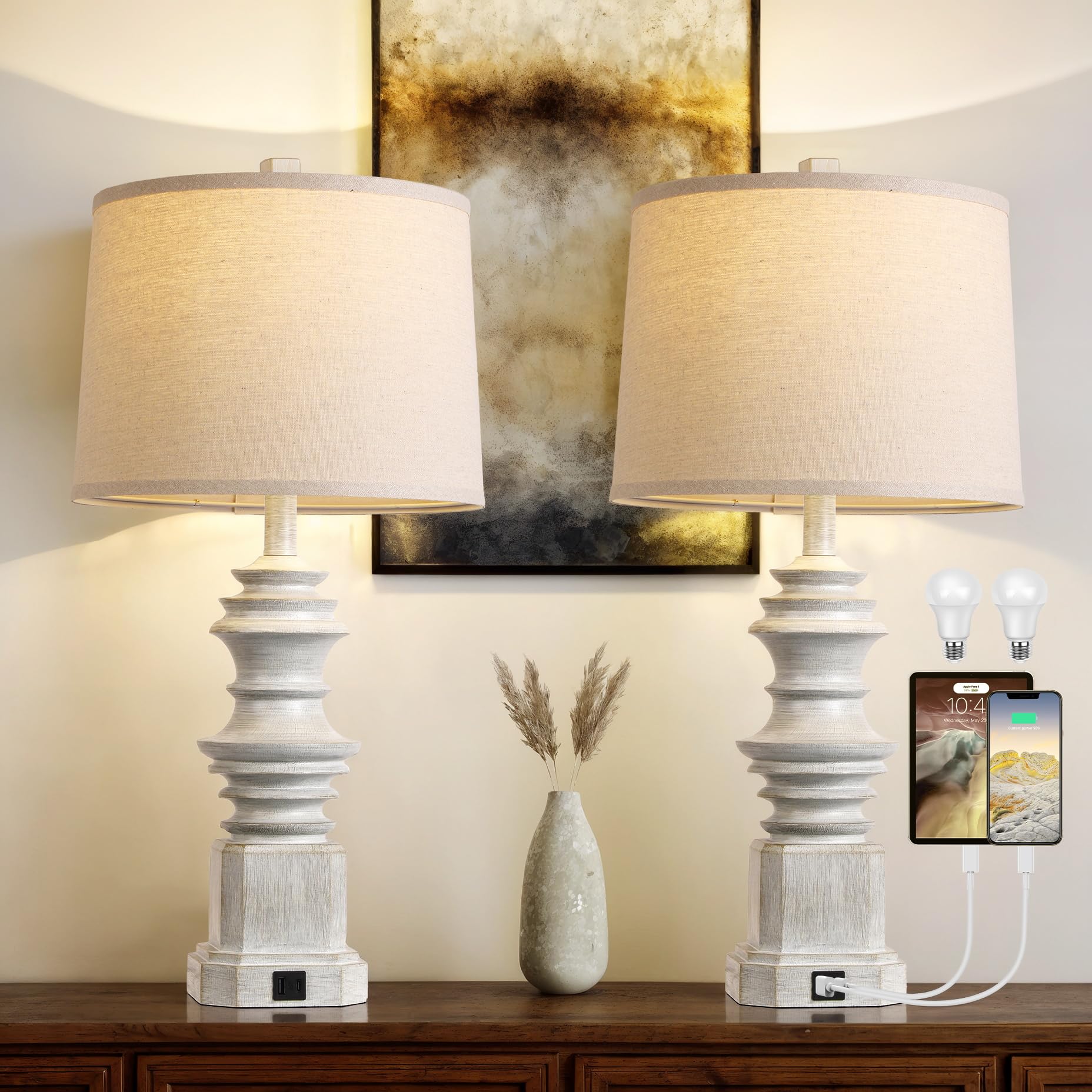 QiMH Table Lamps Set of 2, USB A+C Charging Ports, Farmhouse Design, Grey, Model STR-DL-0087, White Fabric Lampshade