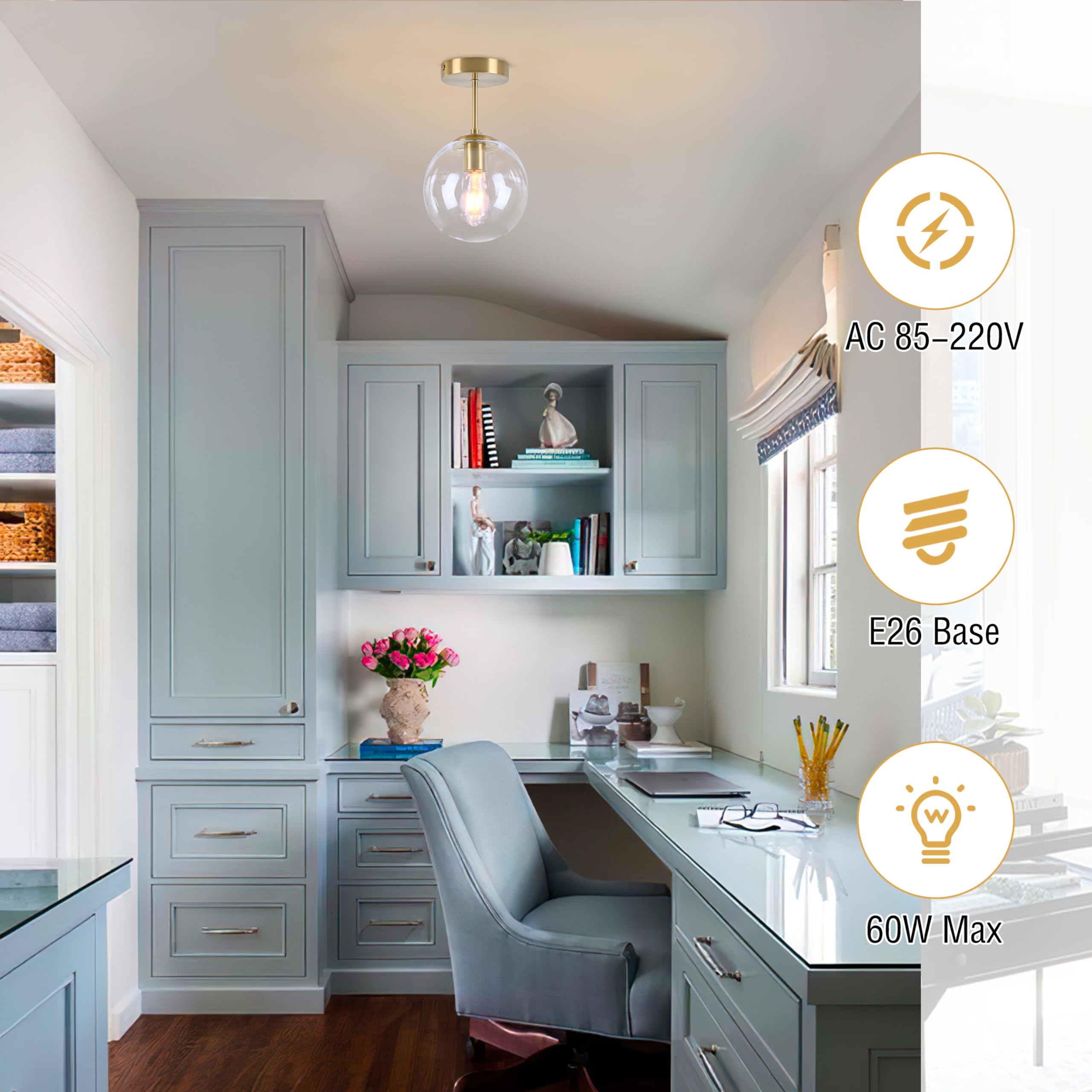 Bagood Globe Semi Flush Mount Ceiling Light, Clear Glass With Brass Finish, Contemporary Mid Century Modern Style Lighting Fixtu