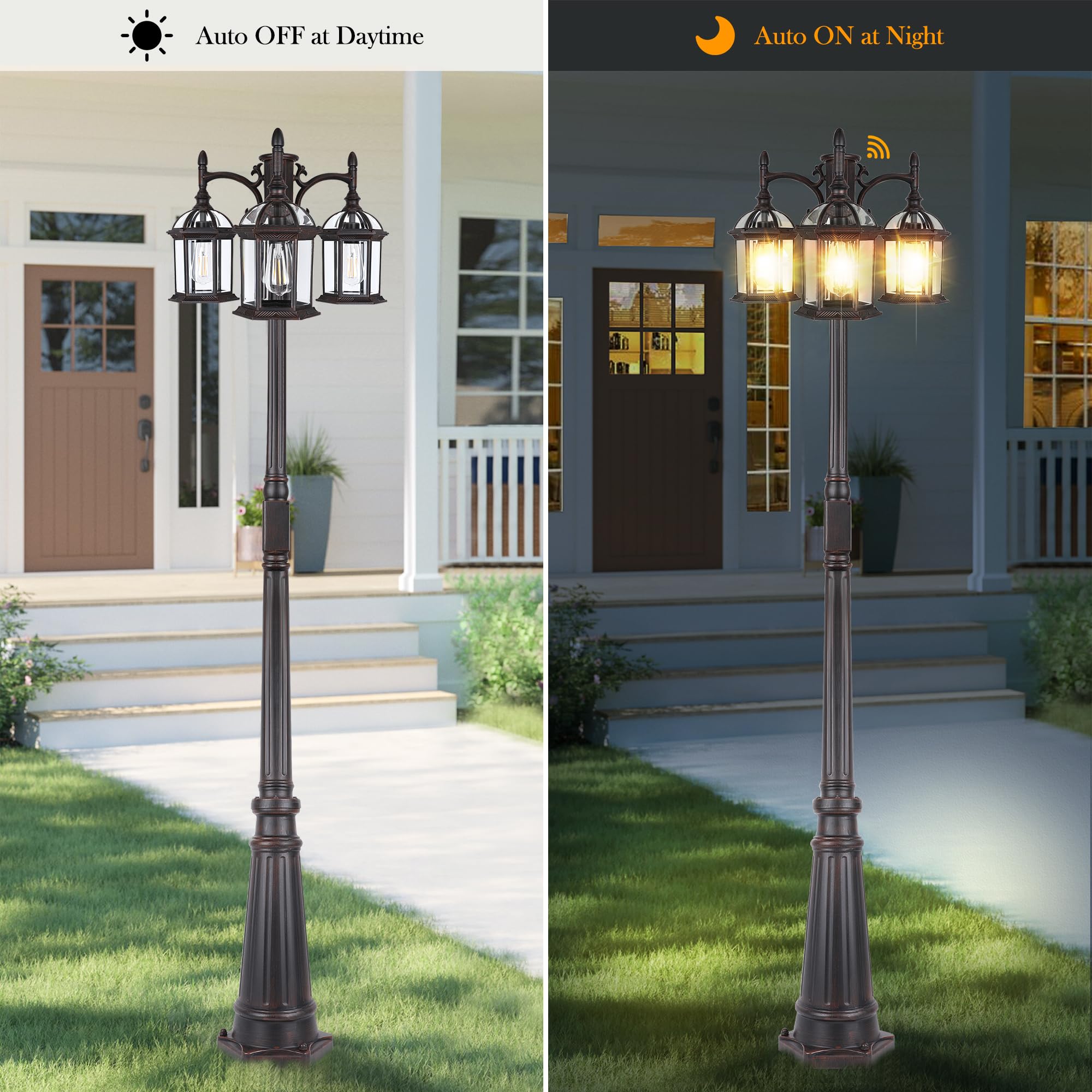 PARTPHONER Outdoor Lamp Post Light, Triple Head, 7ft Aluminum, Birdcage Bronze, Model PAPO075AZ1, Waterproof with GFCI Outlet