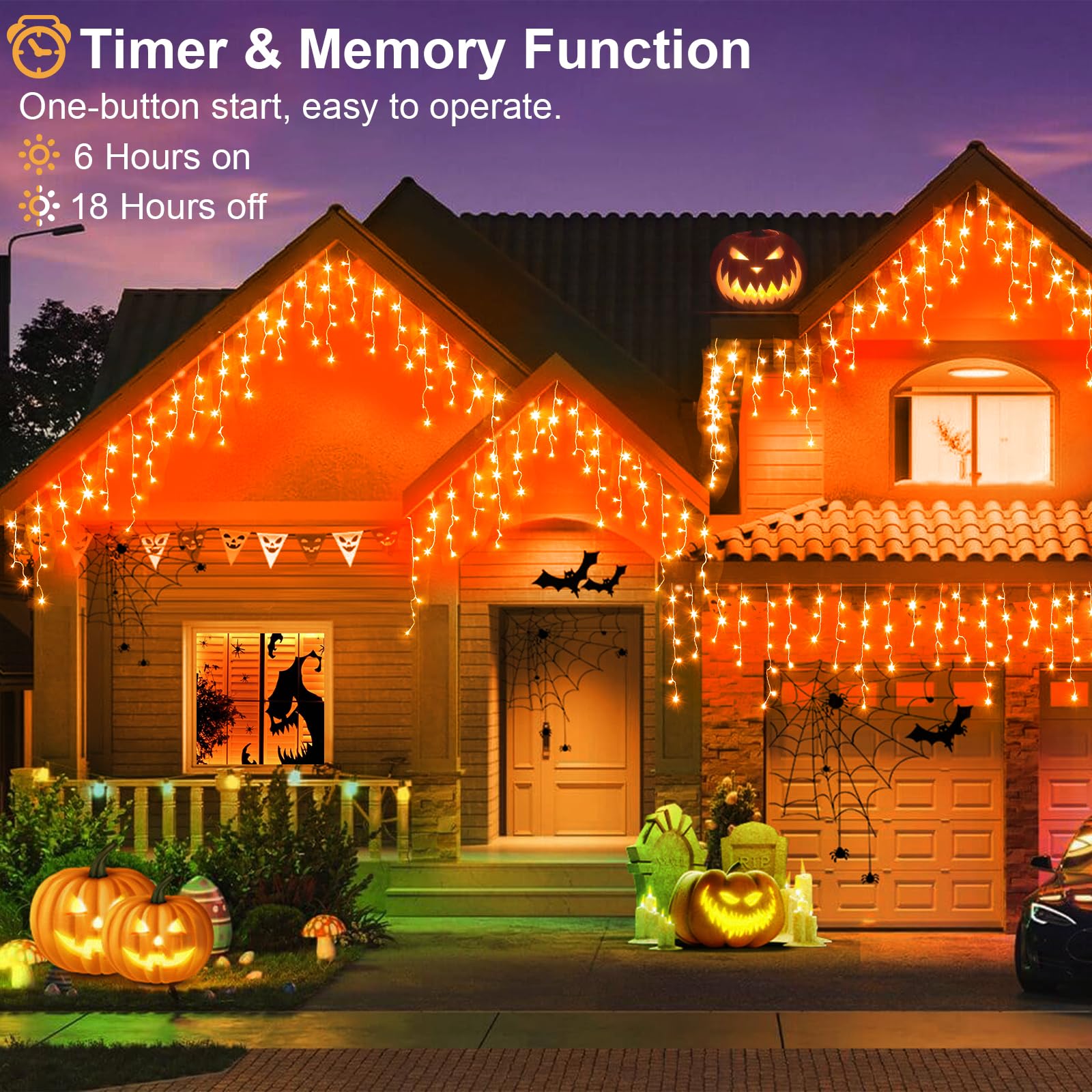 Einiiya Orange Icicle Lights 66ft 640LED, Waterproof with 8 Modes, Perfect for Halloween and Holiday Decorations