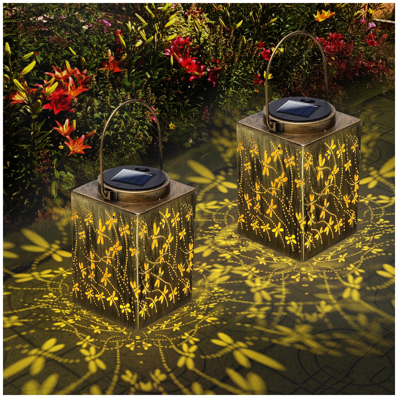 2 Pack Solar Lanterns - Waterproof Metal Hanging Solar Lights Outdoor Decorative, Solar Powered LED Lamp for Patio Tabletop Porc