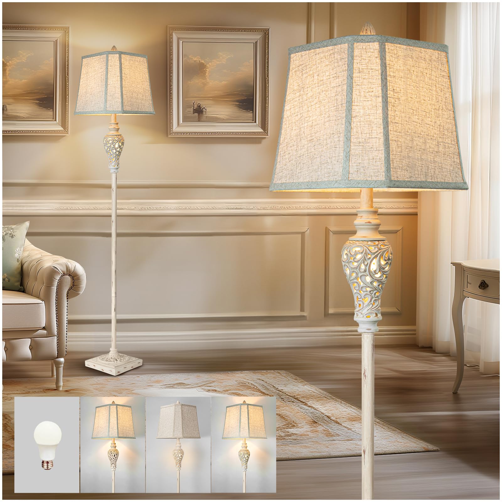 Rustic Floor Lamp 65'' Tall with Nightlight Cut Corner Linen Fabric Shade Vintage Standing Lamp for Living Room, Bedroom, Office
