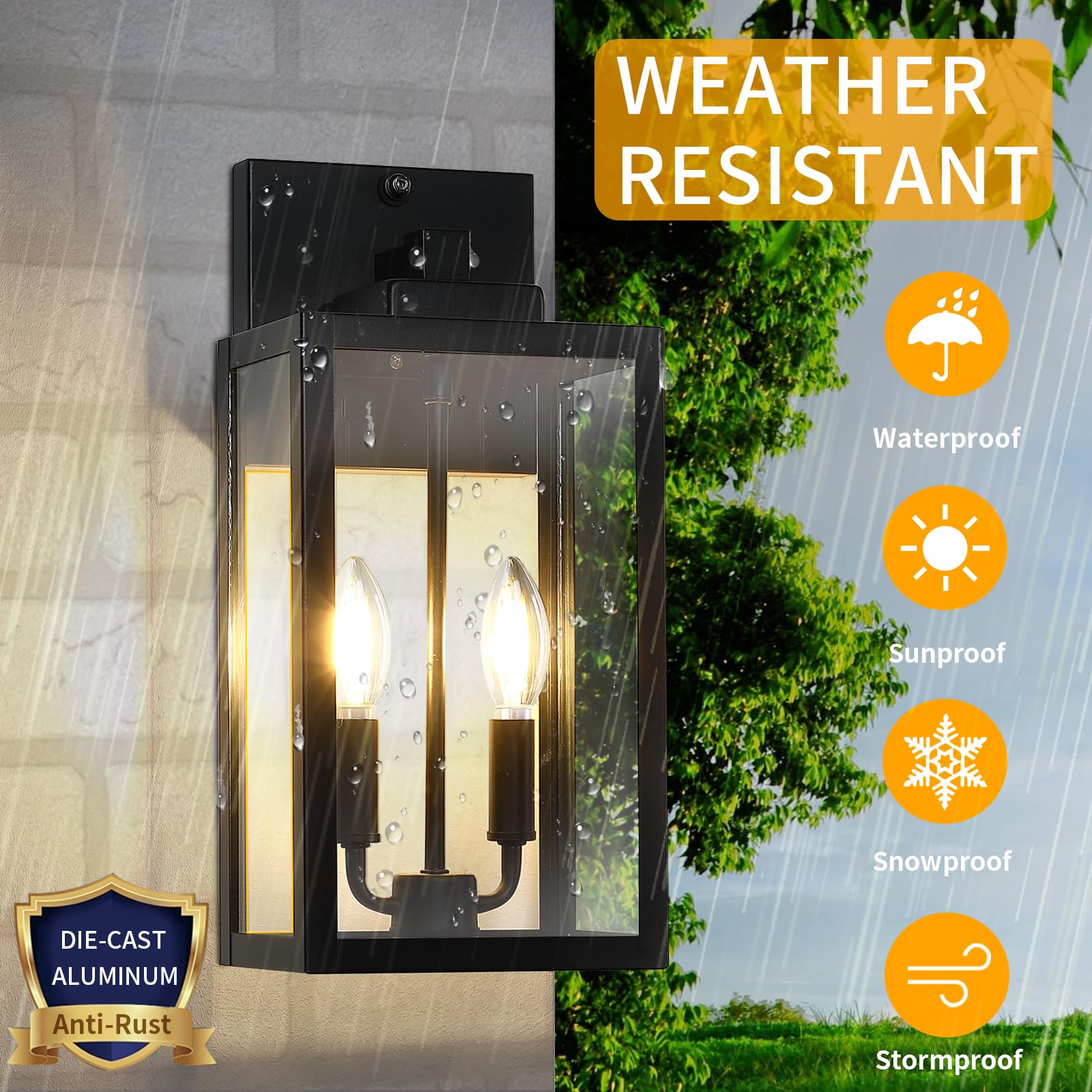 15.4&quot; Dusk To Dawn Black Outdoor Wall Lantern 2-Light, Outside Modern Wall Sconce Light Fixture, Industrial Porch Light Wall Mount With E12 Sockets, Waterproof Exterior Lamp Lighting, 1 Pack