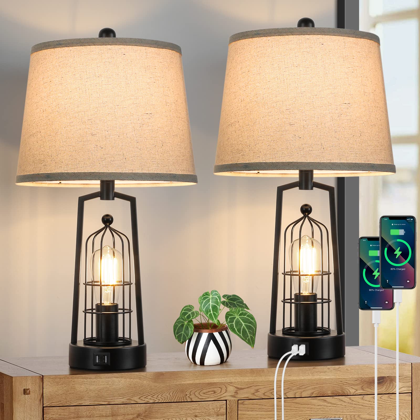 Brightever Farmhouse Table Lamps Set of 2 Rustic Industrial Metal Beige 2 USB Ports JT2026.BE
