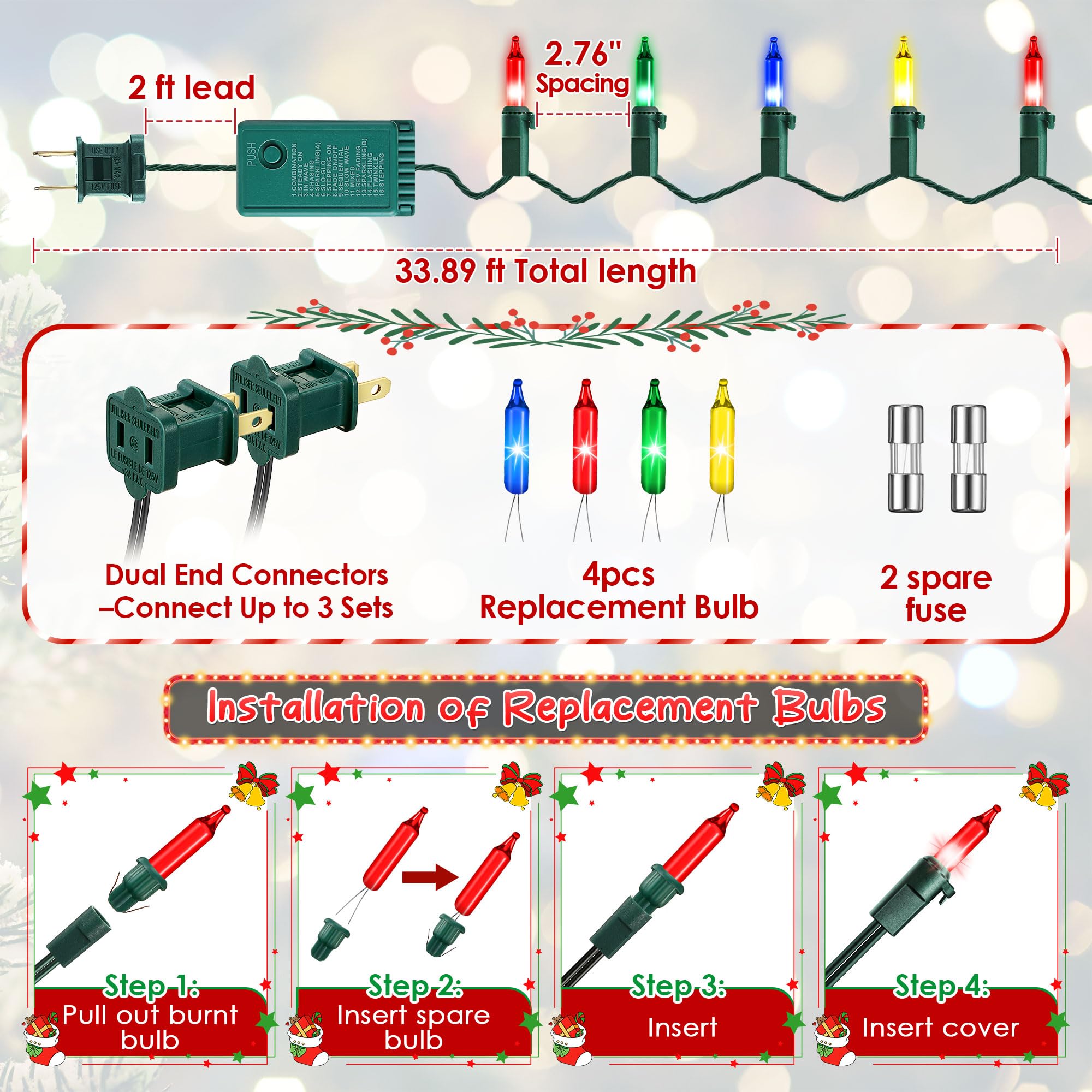 Gulfmew Christmas Lights - 16 Function Controller, 140 Mini Bulbs, 34 ft, Multicolor, Indoor Twinkling, UL Certified, IP44 Waterproof