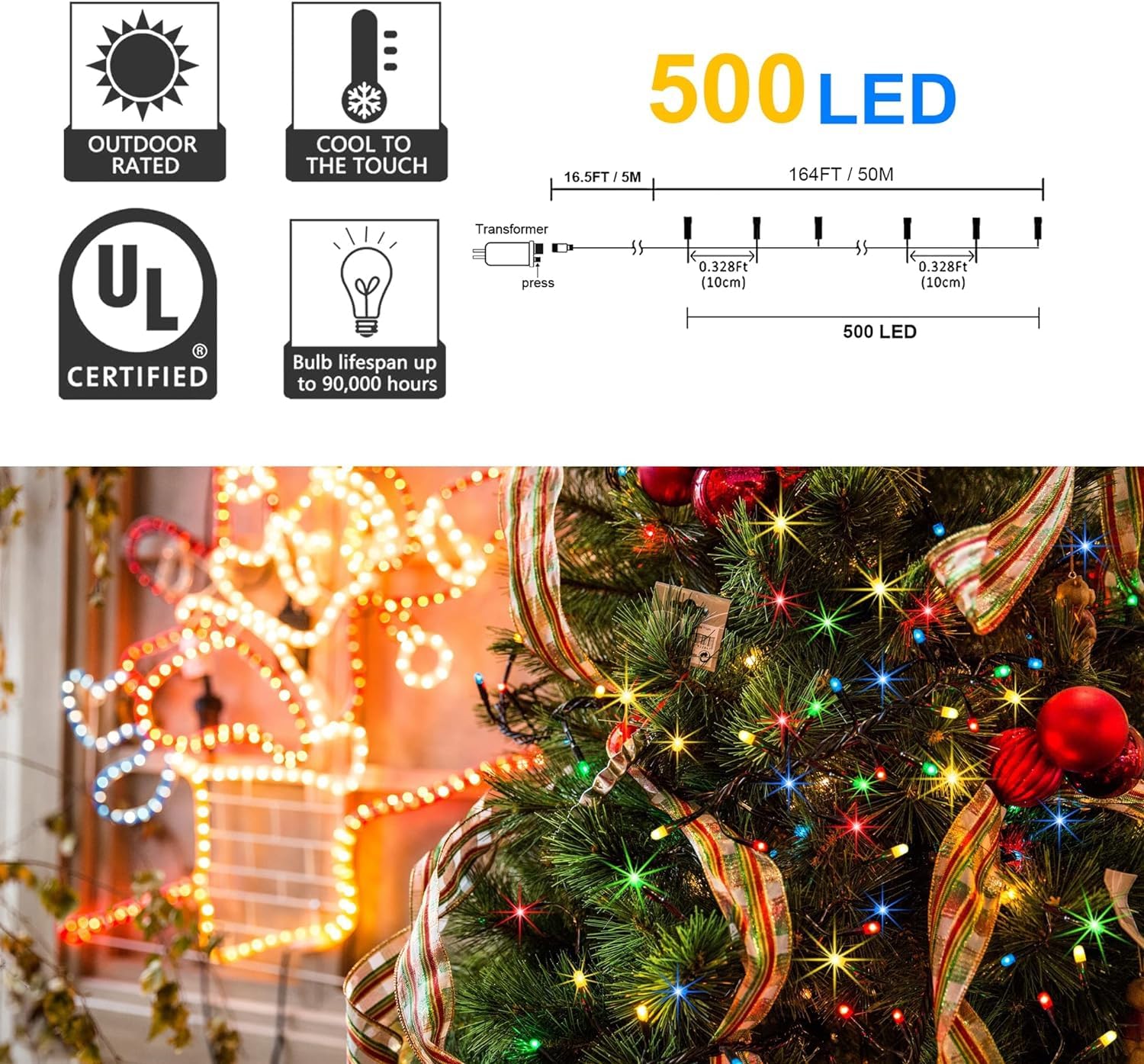 Kemooie 500 Led Christmas String Lights, 164Ft 8 Lighting Mode With Memory Plug In Green Wire Waterproof Lights, For Outdoor Bir