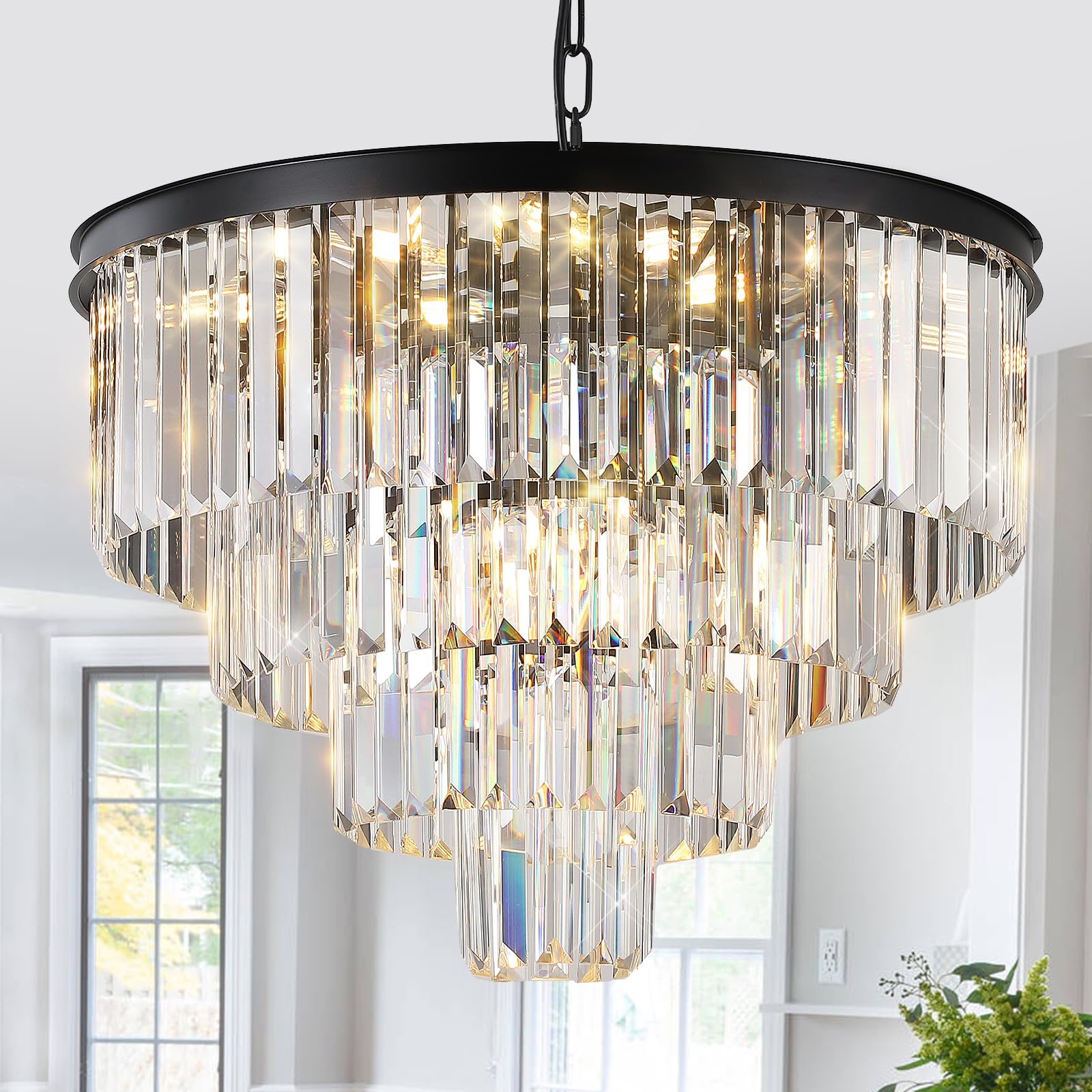 CATINER Modern Black Crystal Chandeliers,24    Ceiling Round Chandelier,Luxury Flush Mount Pendant Light Fixture with Chain Farm