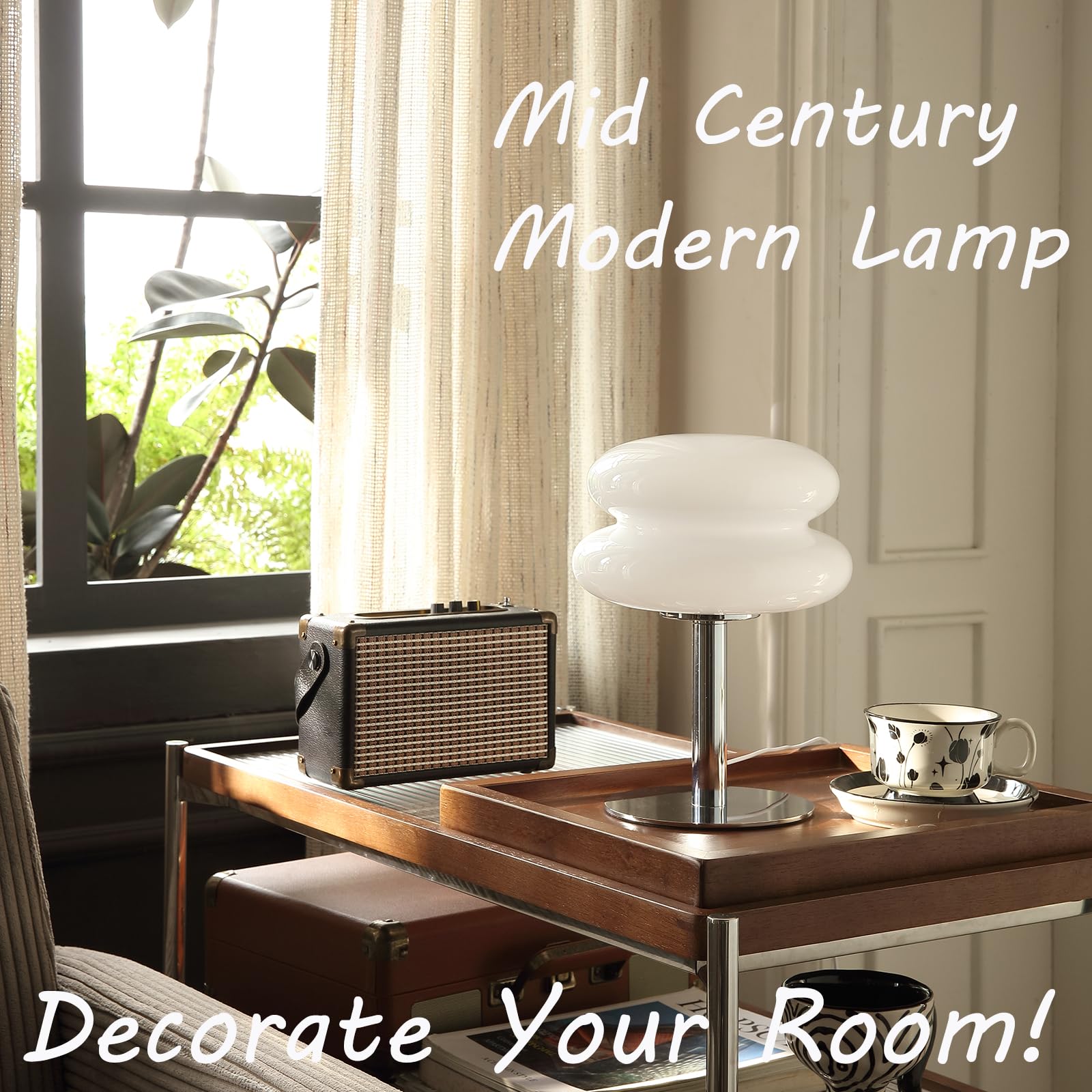 Glivpny Mid Century Modern Dimmable Bedside Table Lamp, Small Glass, White, Model HB003
