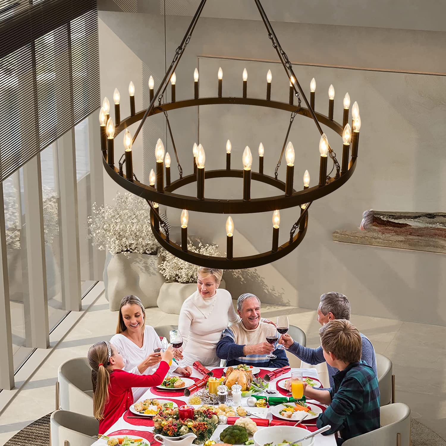 JKLX 48 Inch Black Wagon Wheel Chandelier, 2 Tier 36-Lights Metal Pendant Light for Farmhouse, Industrial Style, High Ceilings