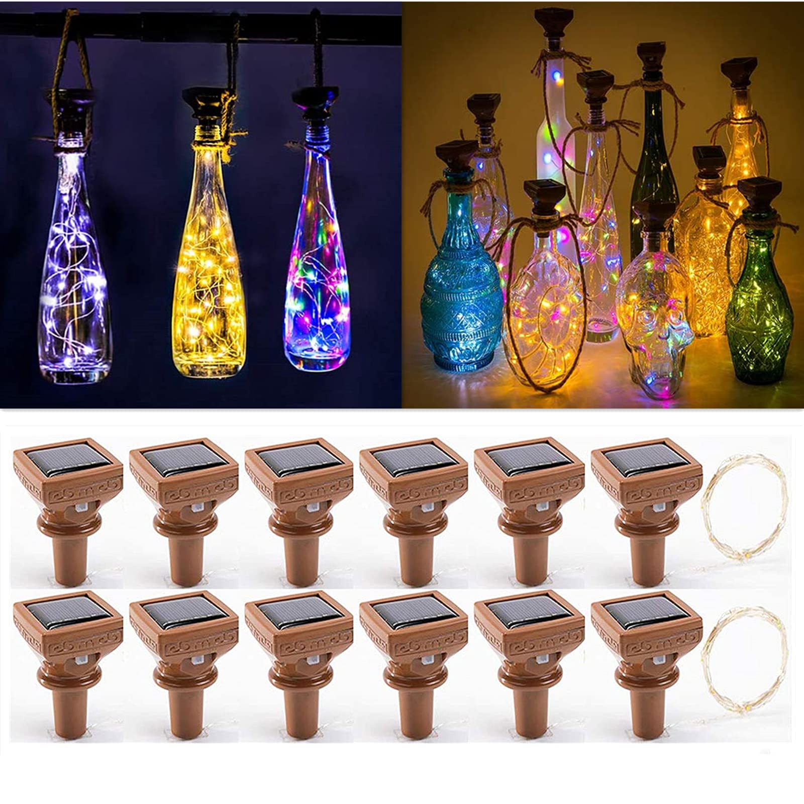 2024 Upgraded 12 Pack Solar Wine Bottle Lights, 20 LED Starry Cork Lights Solar Operated Mini Copper String Lights for Wine Bottles with Cork Christmas, Outdoor Wedding Halloween Decor (3 Colors)
