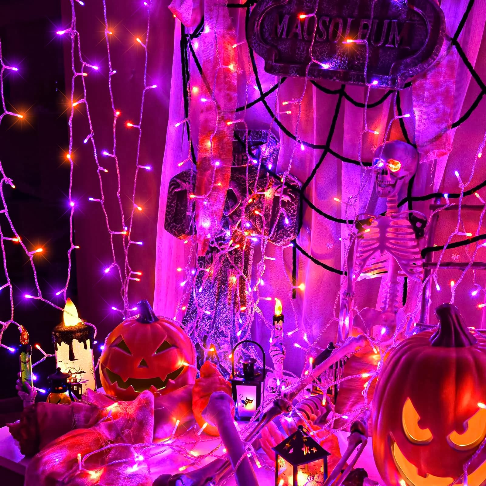 Nielfoi 66Ft 200 Led Christmas Lights Outdoor  Orange & Purple Christmas String Lights Indoor Waterproof With 8 Modes  Connectable Clear Wire Twinkle Fairy Lights For Indoor Home Xmas Garden Decor