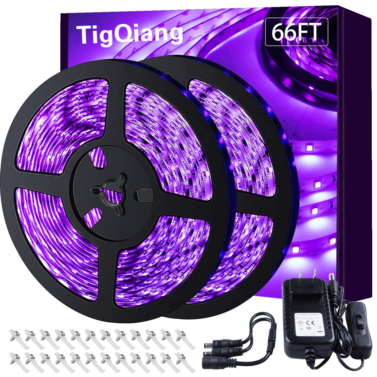 Tigqiang Black Light Strip, 20M/66Ft Flexible Led Black Light Strip Kit, 1200 Lamp Beads, 12V Black Light, Non-Waterproof For In