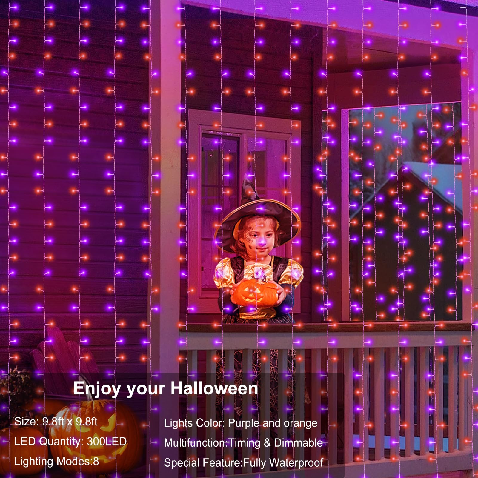 Echosari Halloween Curtain Lights Battery Operated, 300 Led Purple Orange Fairy Curtain Lights 9.8Ft X 9.8Ft Hanging Lights With