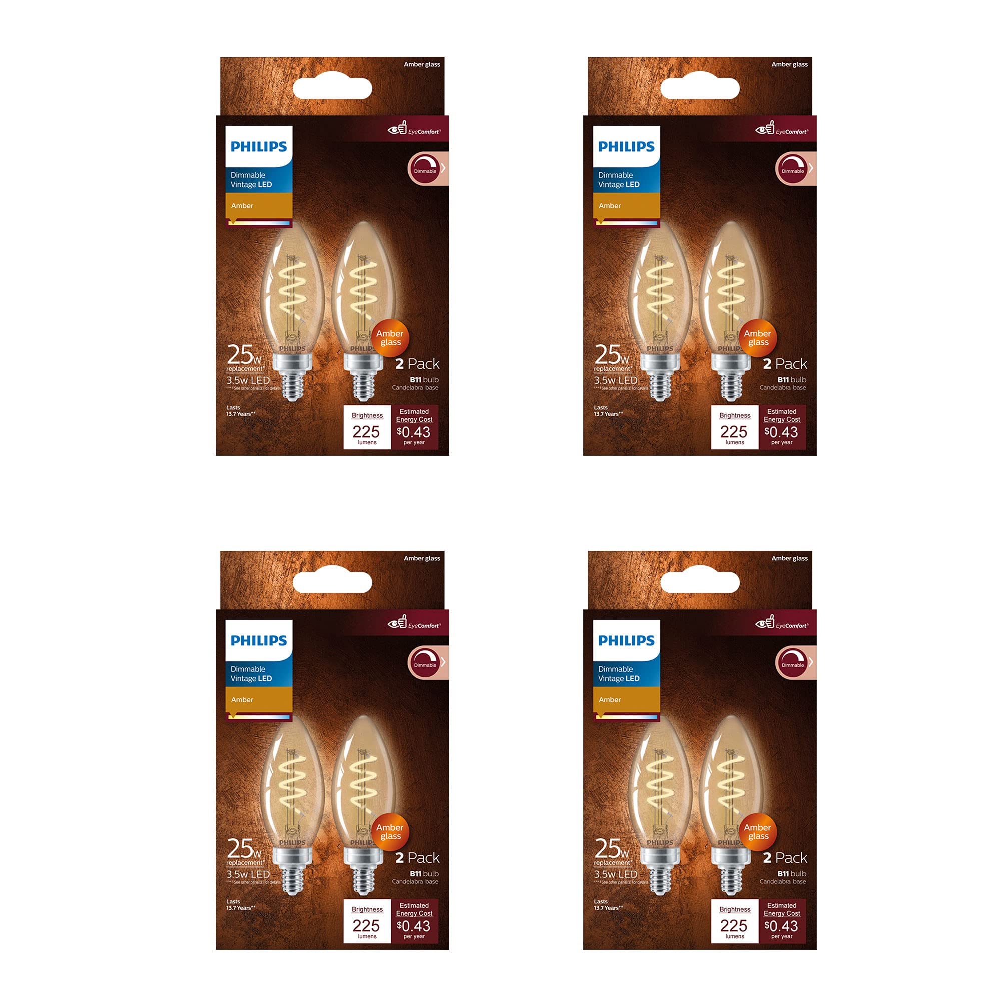 Philips LED Vintage Amber B11 Bulbs, Dimmable, Eyecomfort, 225 Lumen, 3.5W=25W, E12 Base, 8-Pack, Model 