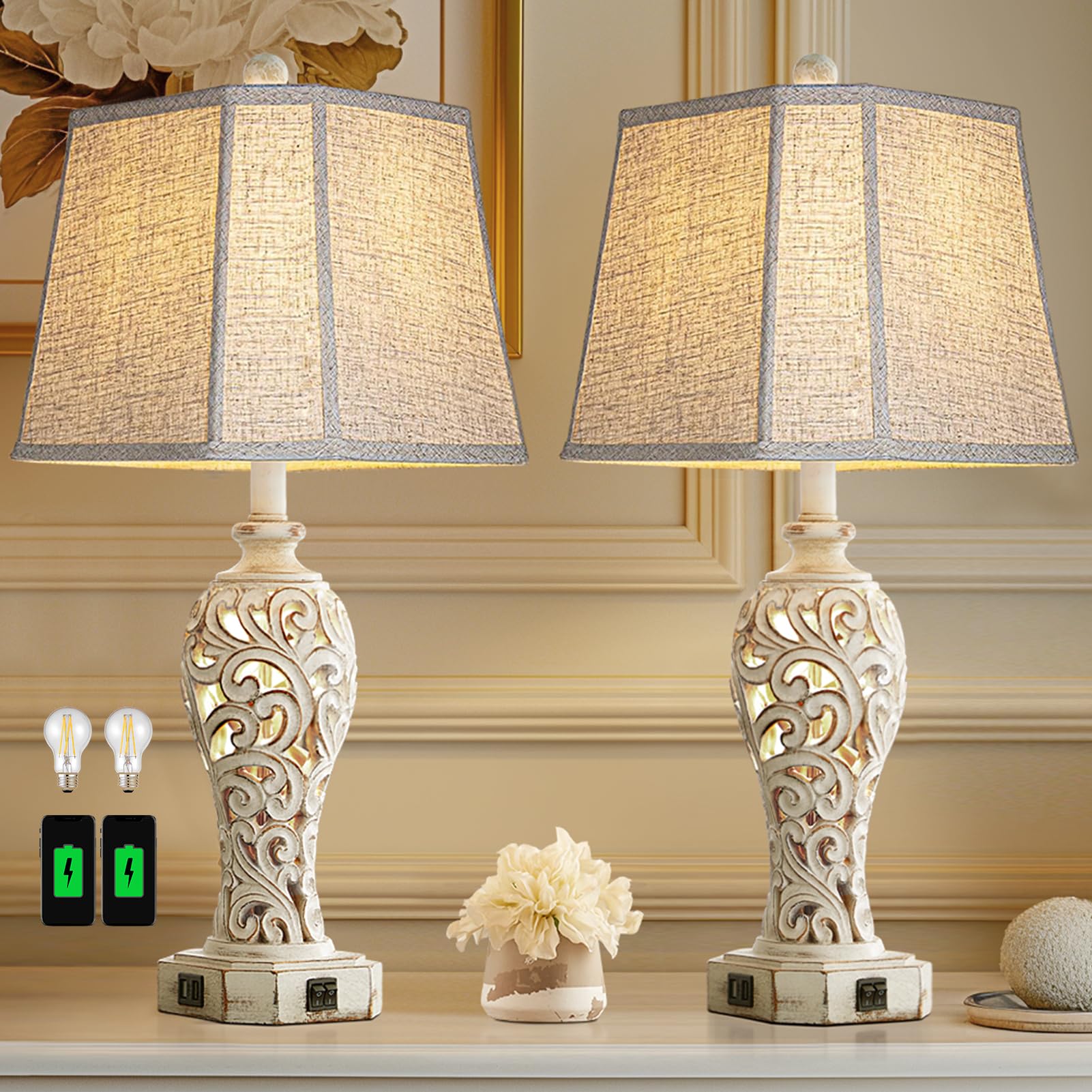 Reyokale Set Of 2 Rustic Table Lamps For Living Room Bedroom, Farmhouse Vintage Nightstand Lamp With 2 Usb Ports, Hollow Out Resin Lamp For End Table With Nightlight, Bulbs Included (Wash White)