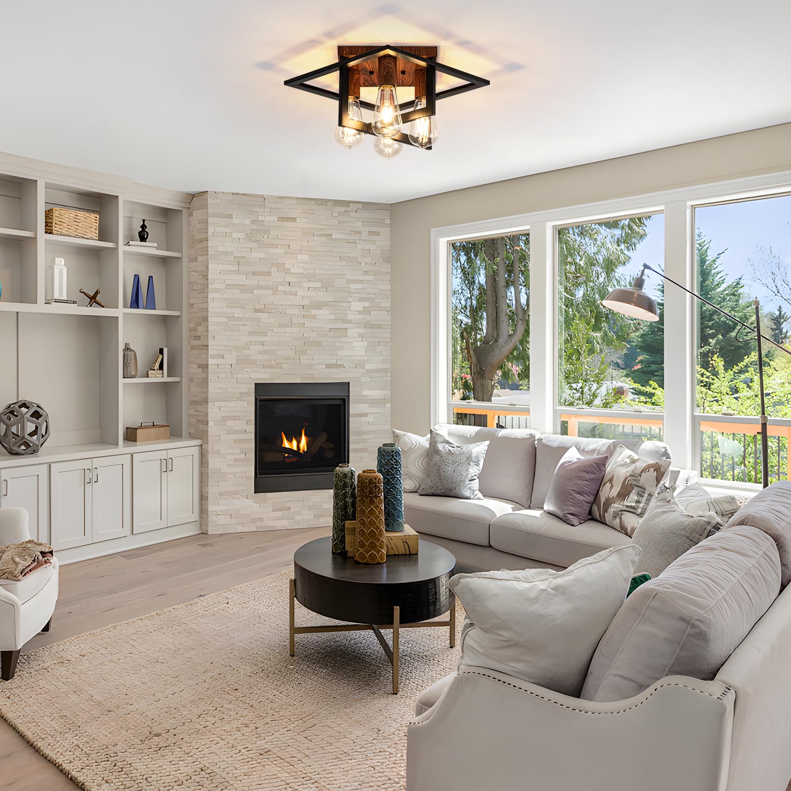 Fengkedu 4 Light Farmhouse Lighting Fixtures Ceiling Black Wood Industrial Flush Mount Ceiling Lamp Hallway Light Fixture Close