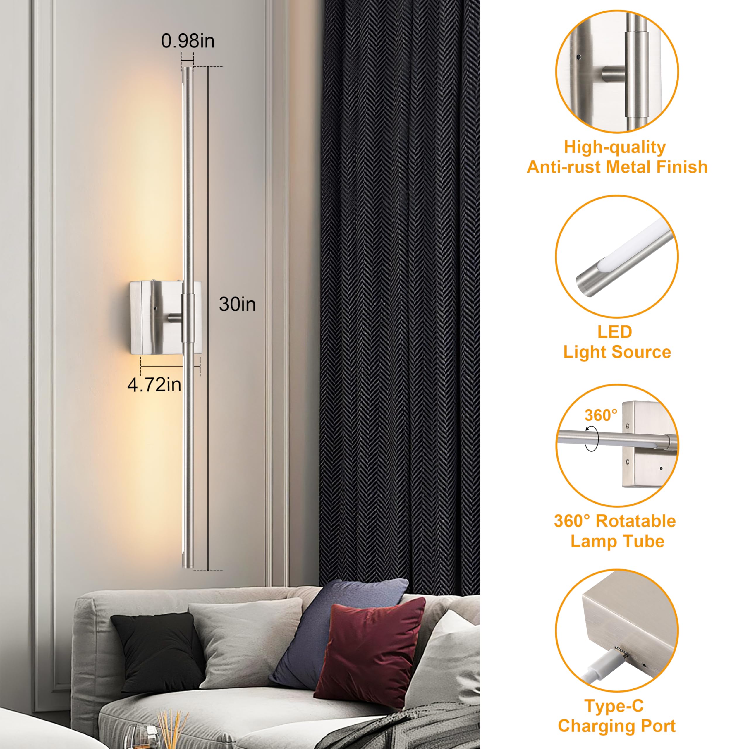 Morauroral Wall Sconce - Dimmable LED, 30 Inch, Sand-Nickel, Rechargeable with Remote, Model 7812