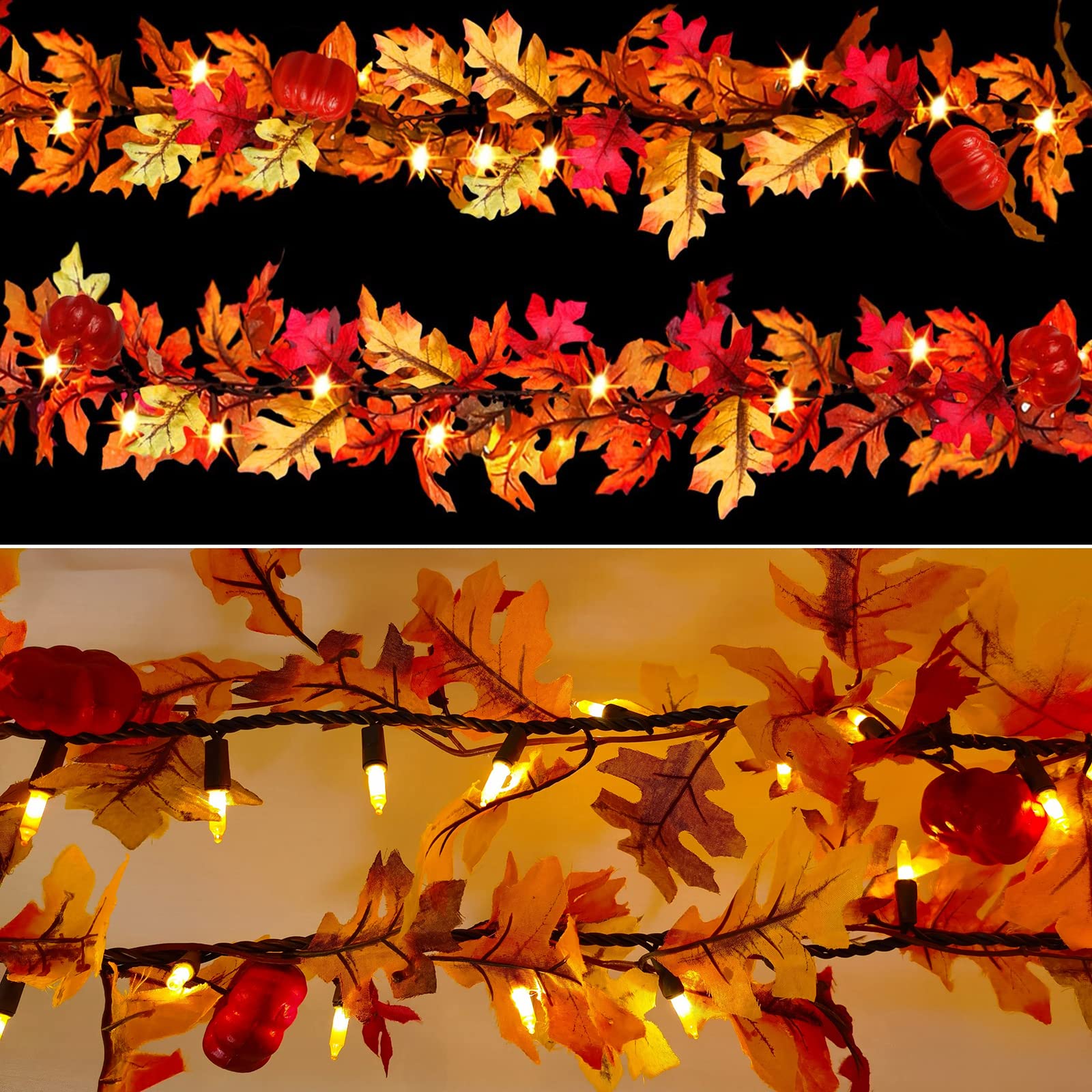 Fall Maple Leaf String Lights Plug in 120V UL Certified, Thanksgiving Decorations Fall Garland Lights String 8ft with Traditional 35 Incandescent Bulbs for Halloween Garland Fall Decor for Outdoor