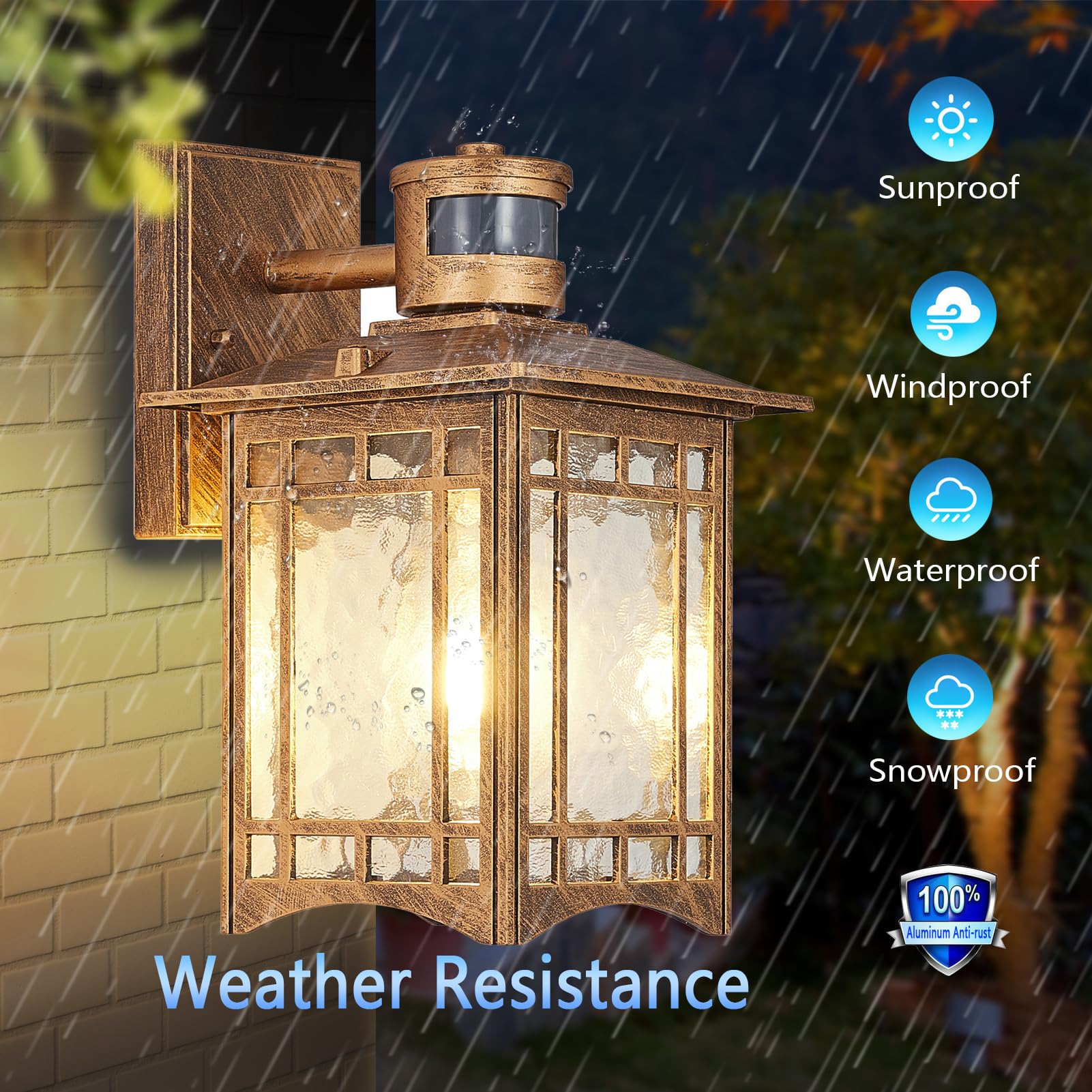 XANGQAN Brown Motion Sensor Outdoor Light Fixture - Waterproof Wall Mount Lantern for Porch, Patio, Garage - Model WY04-GT