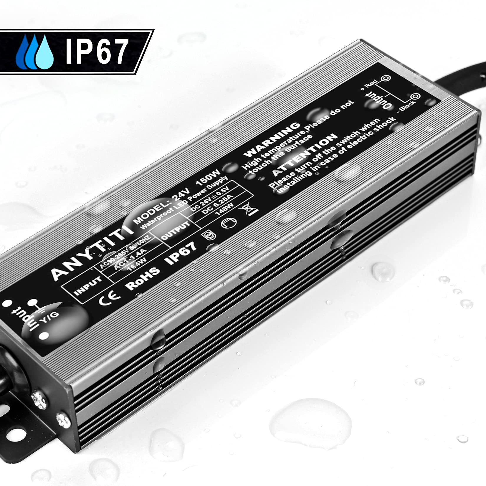 ANYTITI LED Driver, LED Power Supply with IP67 Waterproof Rating, Low Voltage Transformers, 150W Output, DC24V 6.25A with 3-Pron