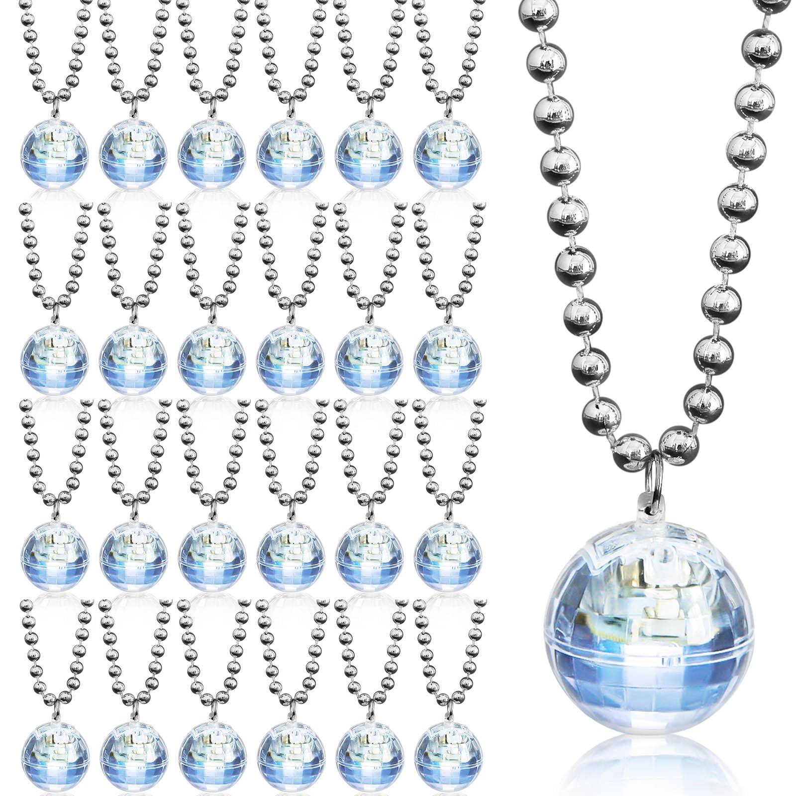 Henoyso LED Disco Ball Necklaces - 24 Pcs Light Up Beads for Mardi Gras & Parties - Silver, White Light