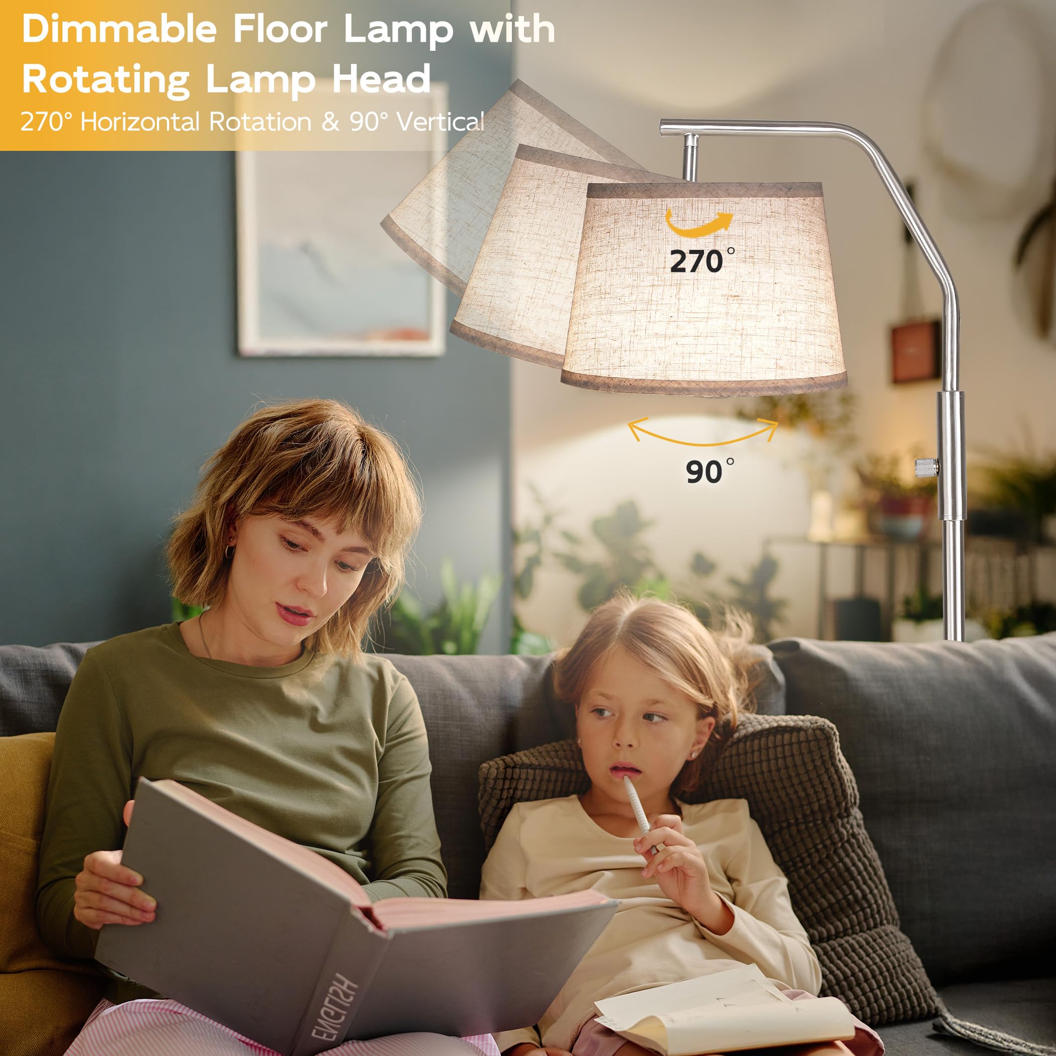 SUNMORY Floor Lamp with Dimmable 9W Bulb, Adjustable Head, Metal, Tall, Nickel, Model SR000148