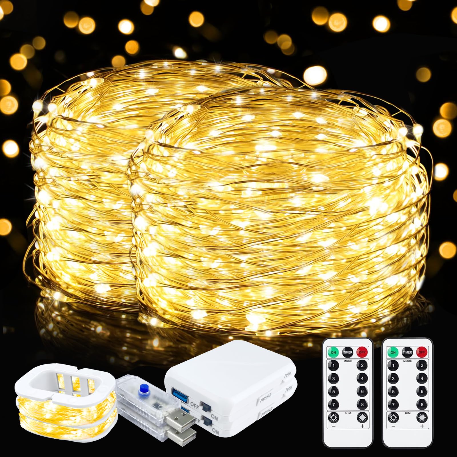 ZGWJ USB Fairy Lights 50 LED 16FT Twinkle String Lights with Remote, Warm White, Battery Powered, 2 Pack