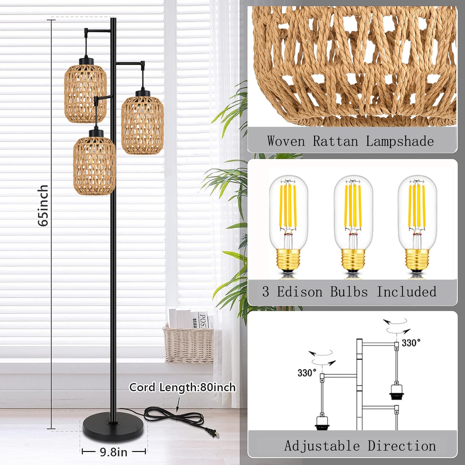 Qiyizm Floor Lamp For Living Room,Bedroom,Boho Rattan Tree 3 Lights Farmhouse Floor Lights,Industrial Black Standing Lamp Wicker