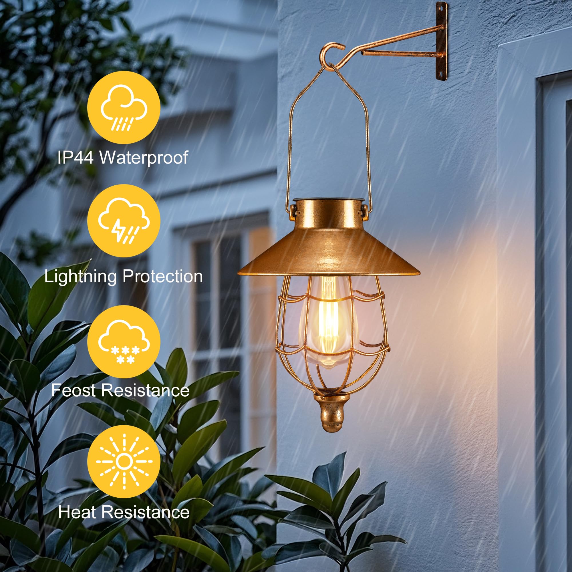 pearlstar Solar Lanterns Outdoor Hanging Copper Metal Vintage Waterproof Edison Bulb Design 2 Pack for Garden Patio Yard Tree