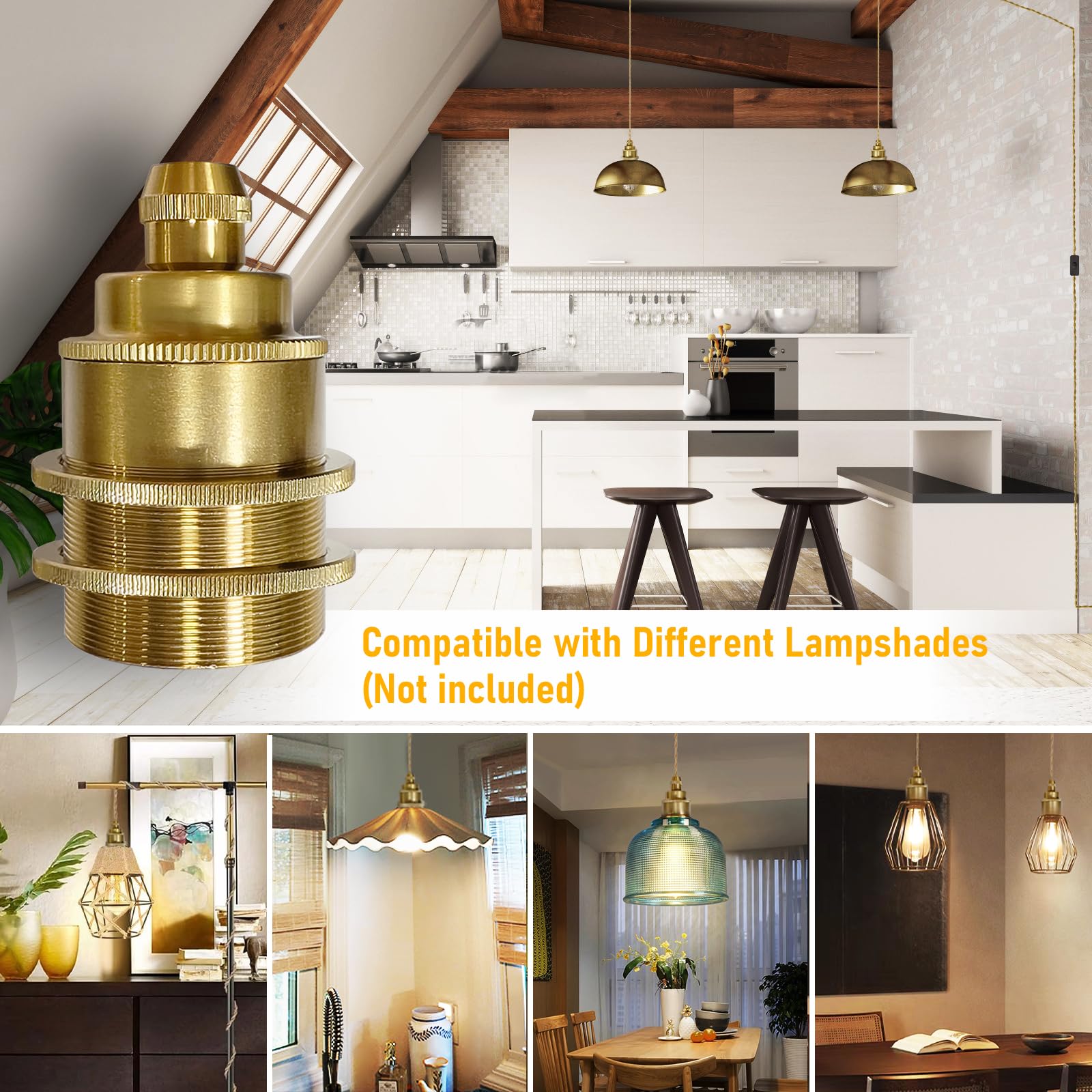 Dtiedy Gold Plug In Pendant Light Kit, Hanging Plug In Lights Fixture With Metal Ceramic E26 Socket, 11.5Ft Hanging Lights Cord