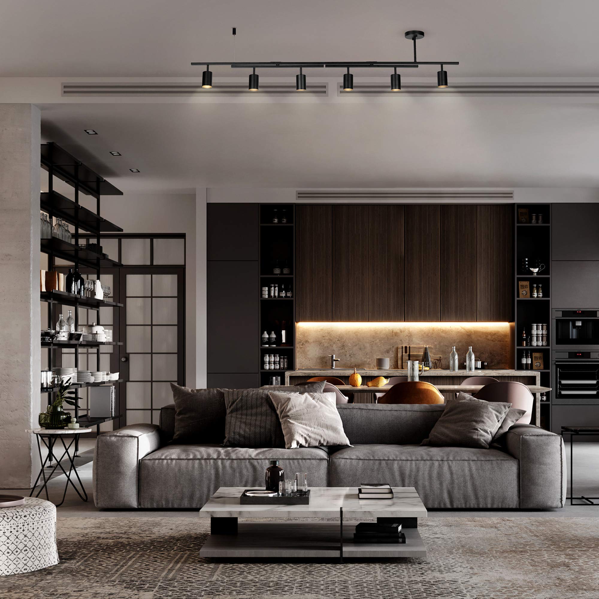 Globe Electric 59829 &quot;West 64&quot;&quot; 6-Light Track Lighting, Matte Black, Center Swivel Bars