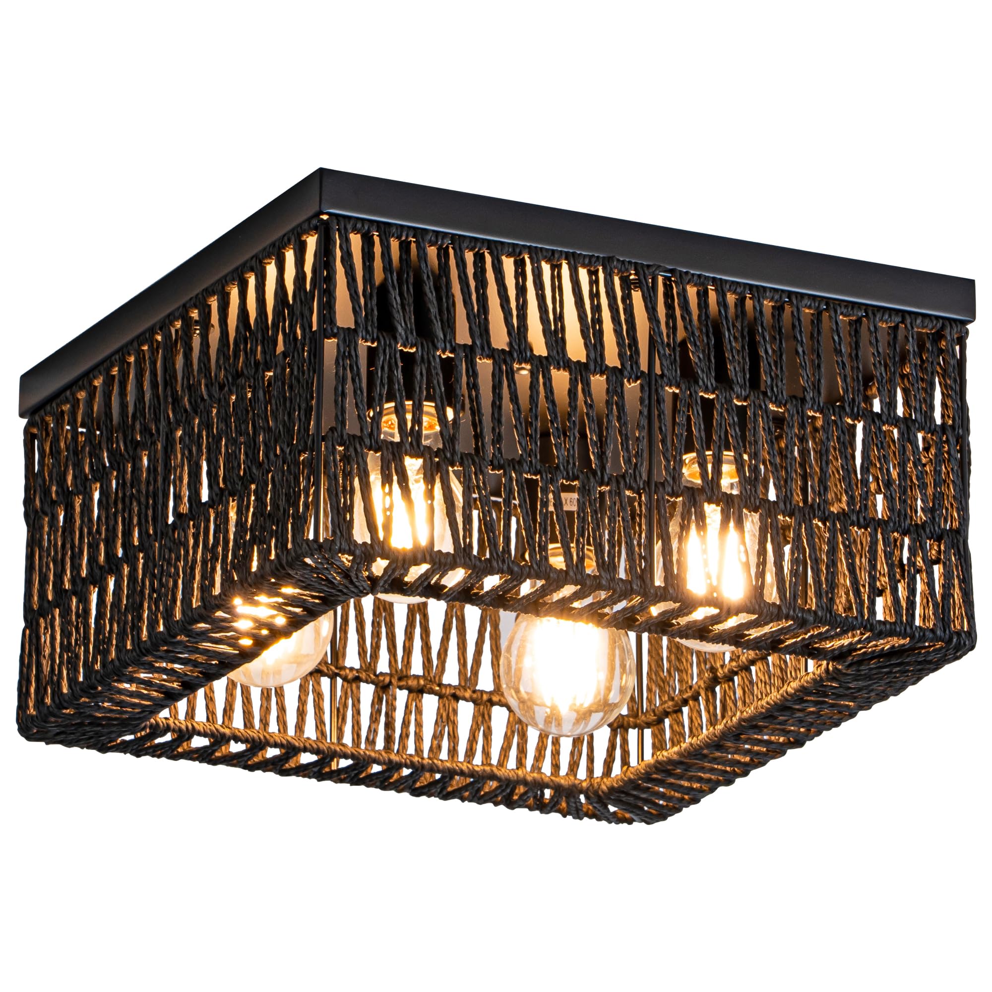Rpzloila Black Rattan Ceiling Light, 4-Light Boho Light Fixture, Square Flush Mount Ceiling Light for Bedroom, Hallway, Entryway