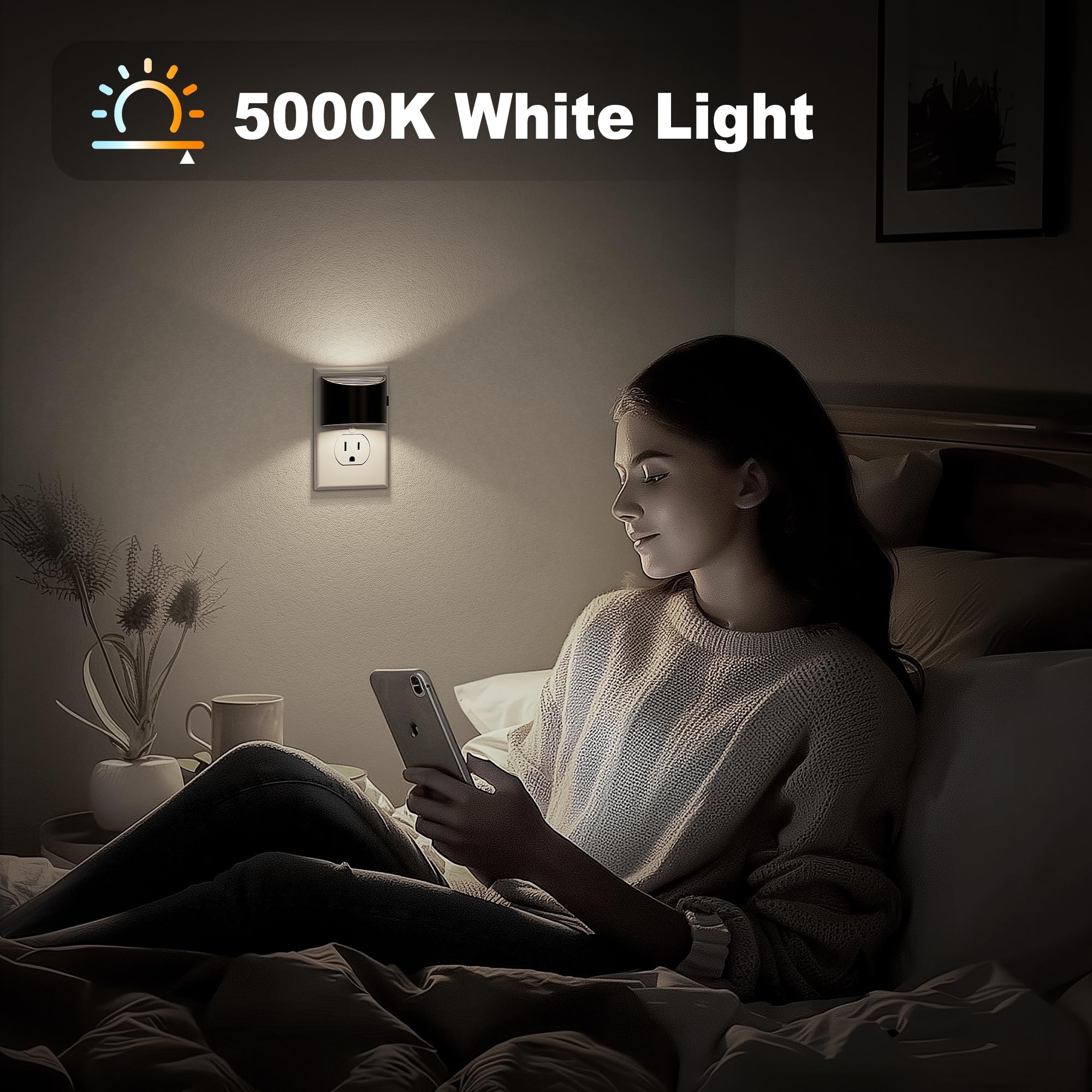 Jandcase Night Light, Automatic Night Lights Plug Into Wall,2 Pack Dusk To Dawn Sensor Nightlight, 5000K Brightness Adjustable N