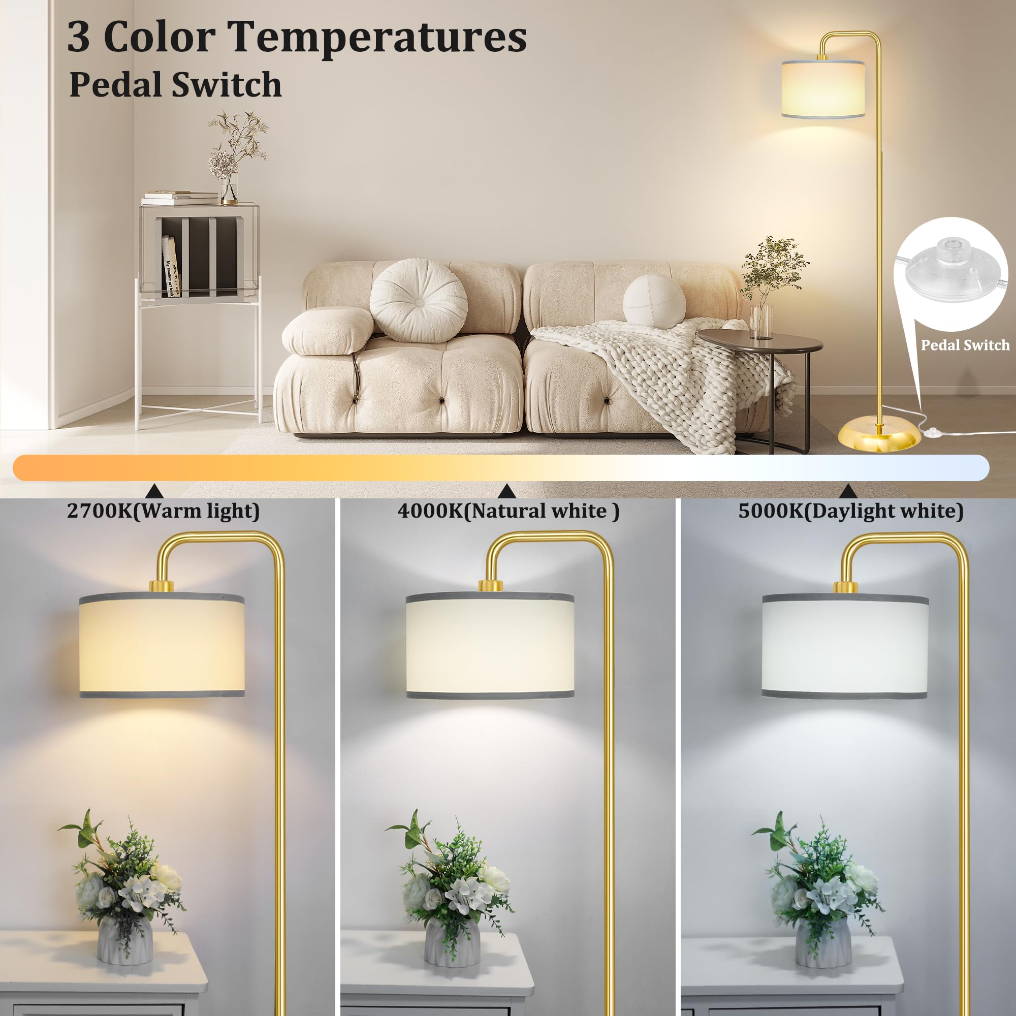 Partphoner Led Floor Lamp - Modern Gold Standing Lamp, 3 Color Temperatures, 9W Bulb Included, Model Str-Fl-0162