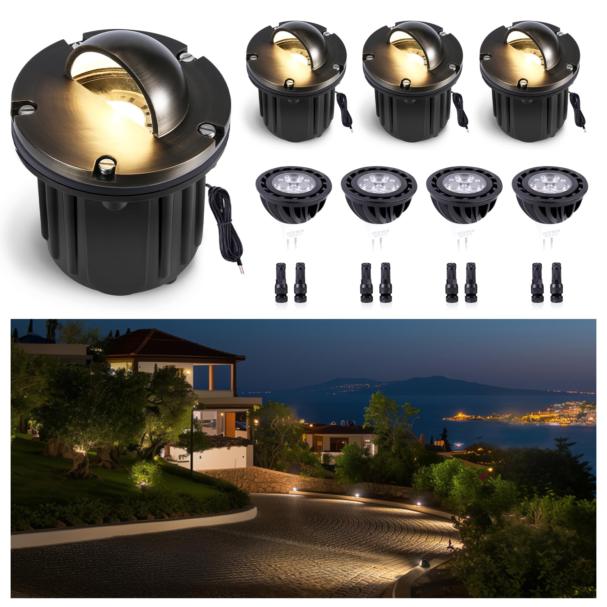 Gardenreet Outdoor Low Voltage Well Lights - Brass Low Voltage Replaceable Bulb In-Ground Lighting, 12V LED Beacon Top Fixture, 