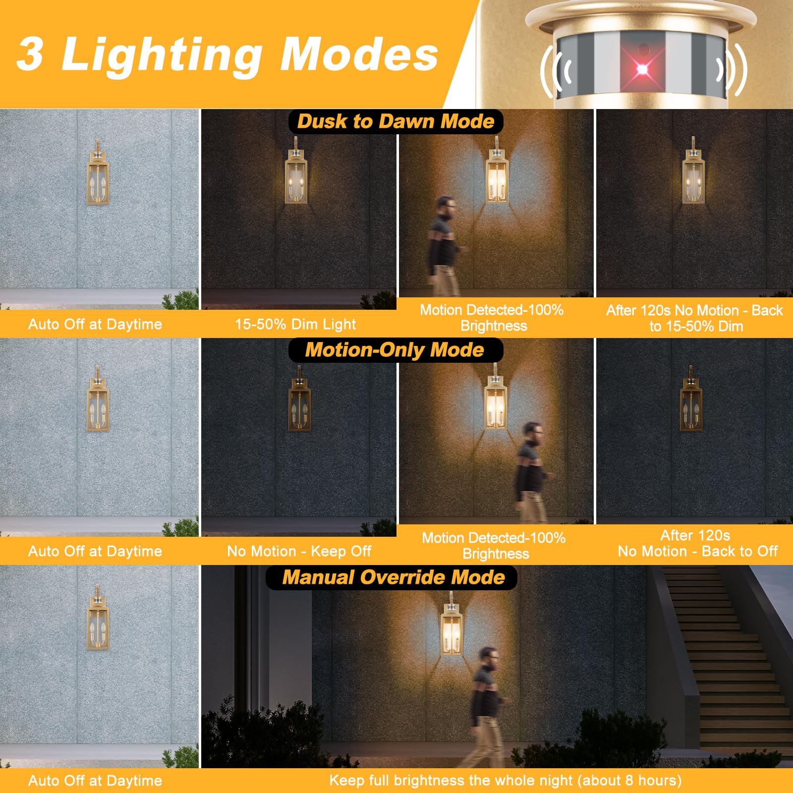 Yolsunes 20&quot; Gold Motion Sensor Outdoor Light, Waterproof Wall Sconce, 3 Modes, Farmhouse Fixture