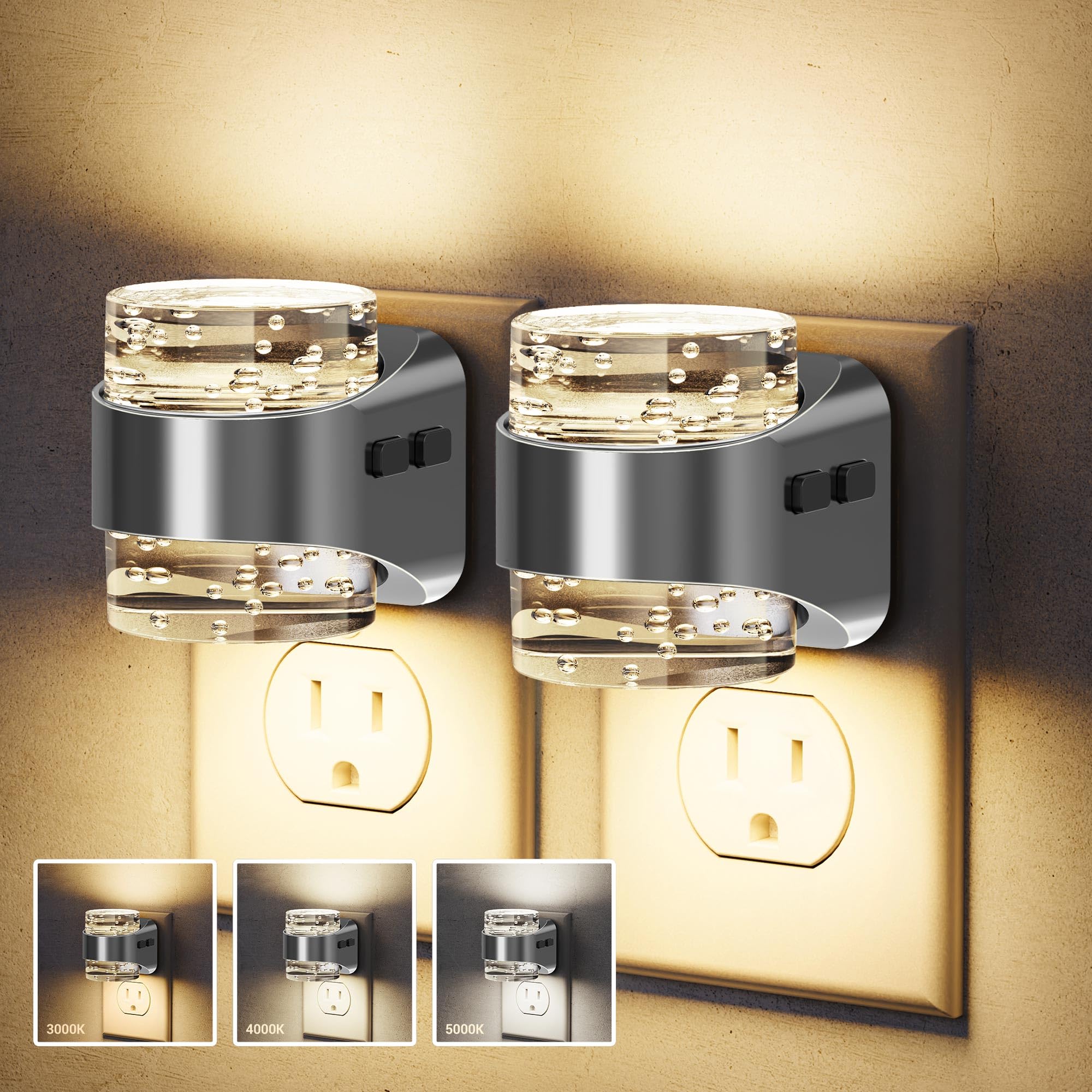 JandCase LED Night Light  Bubble Night Lights Plug into Wall  [2 Pack]Night Light3000K/4000K/5000K & 3 Brightness Levels  Dimmable Nightlight with Dusk to Dawn Sensor for Bathroom Hallway Bedroom
