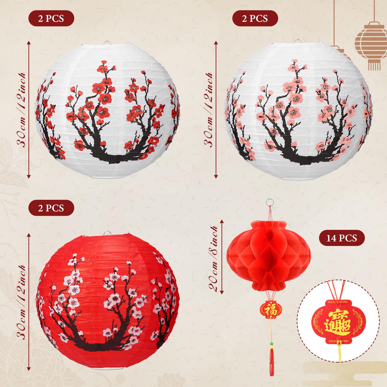 Fumete 20 Pcs 12" Chinese Japanese Paper Lanterns And 8" Red Chinese Lanterns Hibachi Party Decorations Cherry Blossom Decorative Hanging Lanterns For Chinese New Year Home Restaurant(Multicolor)