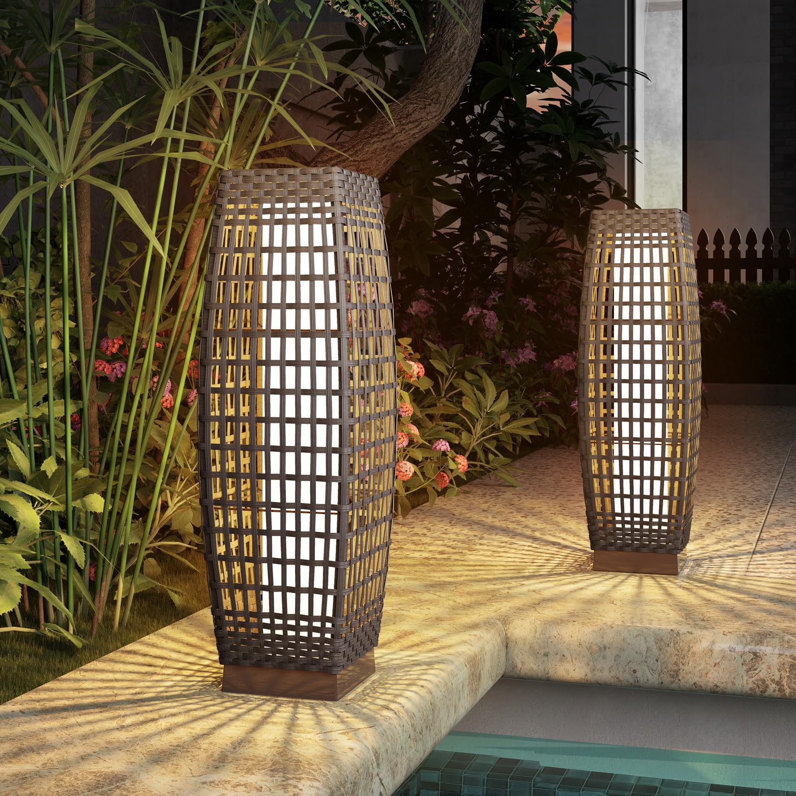 Grand patio Outdoor Floor Lamp Solar Powered Lantern Water-Resistant Wicker Deck Light for Garden or Porch - Medium Fuji, Silver