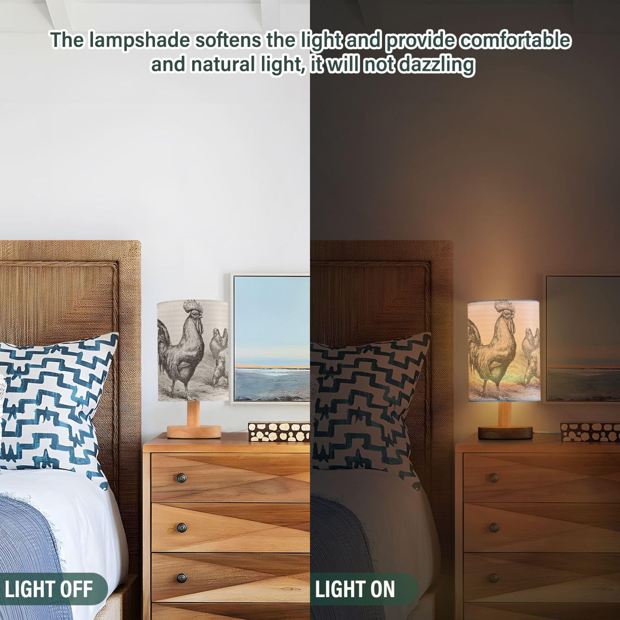 Yyzzh Table Lamp Retro Vintage Rooster Chicken Nightstand Lamp With Wood Base Fabric Lamp Shade Bedside Desk Lamp For Living Roo