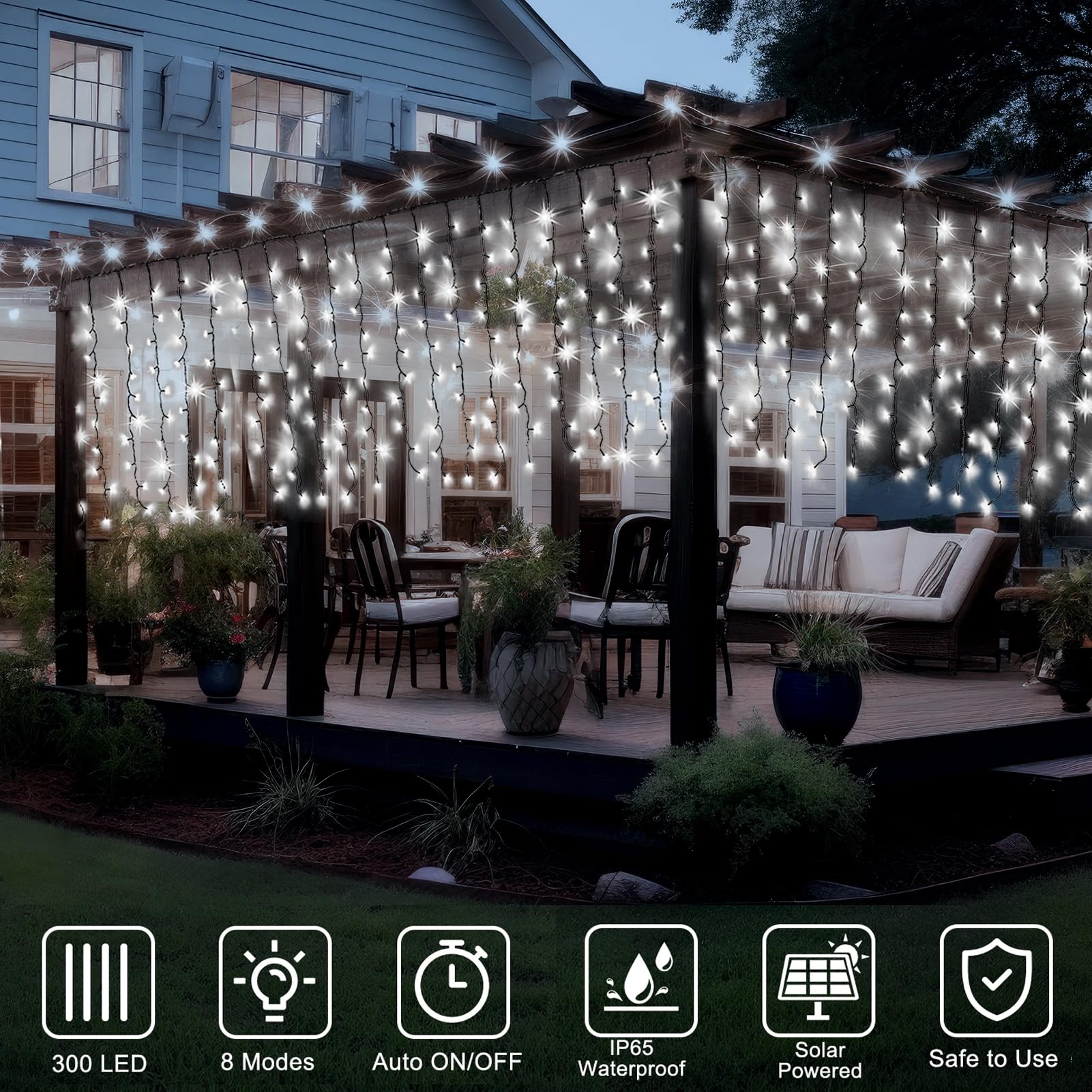 DBFAIRY Solar Curtain Lights, 300 LED, 19.6ft x 3.3ft, Waterproof, Cool White, Model 6X1-01CW