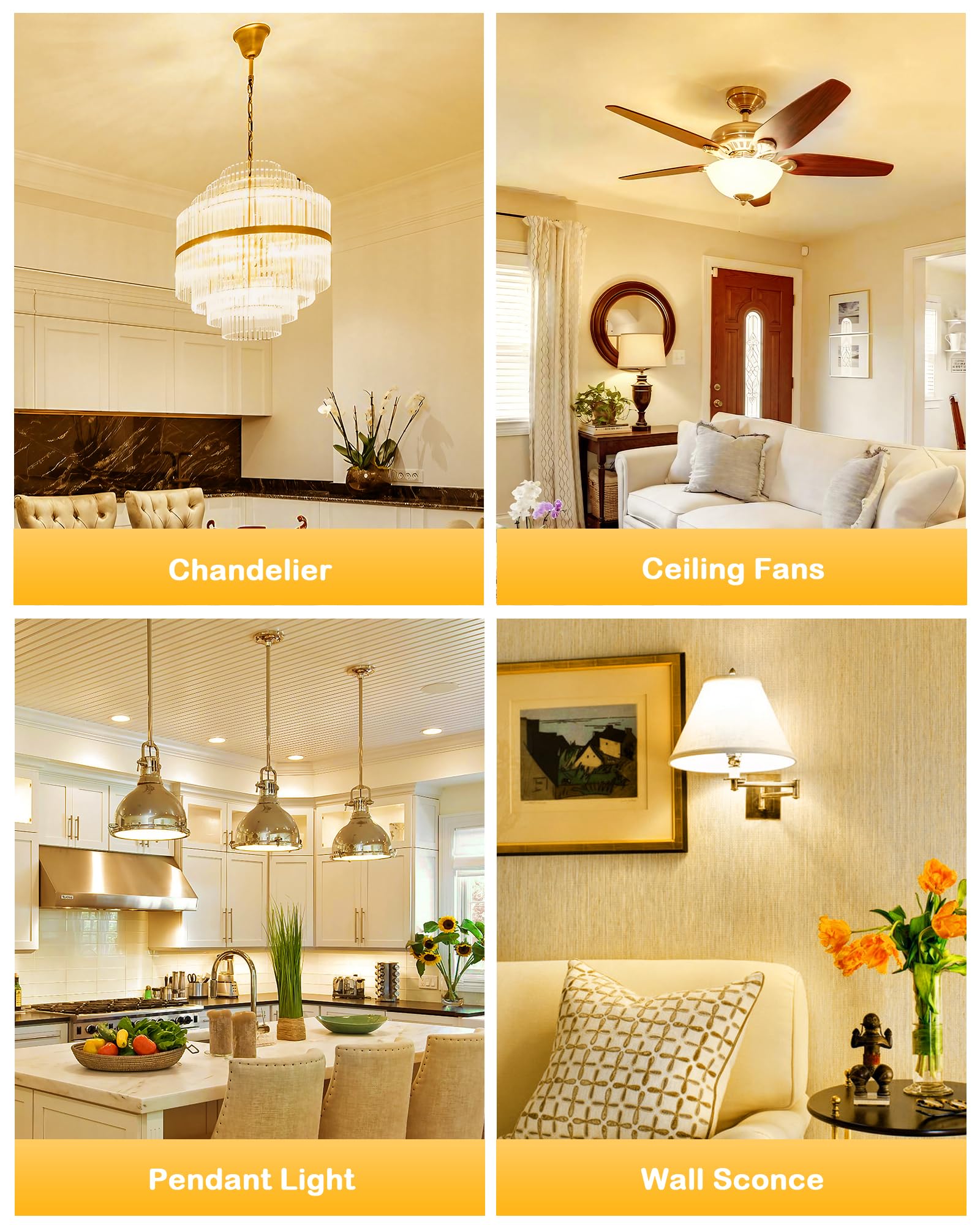 Evastary Ceiling Fan Light Bulb E12 Candelabra Base, 3000K Warm White 60 Watt Equivalent, E12 Led Chandelier Light Bulbs, 6W 600