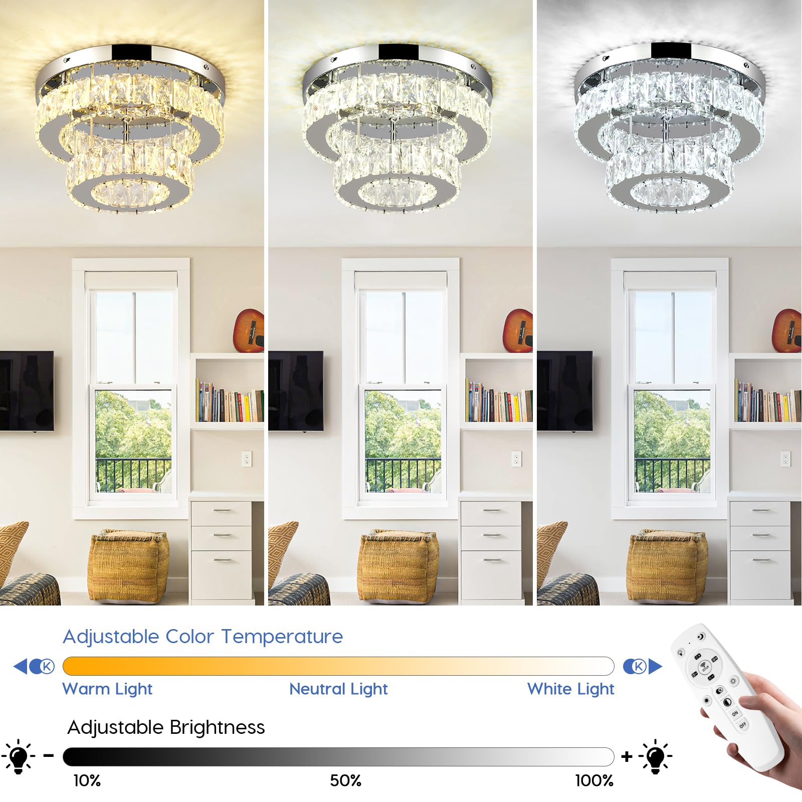 Leontyne 11.8 Inch Dimmable Modern Crystal Chandelier 2-Layer Round Crystal Led Ceiling Light Flush Mount Chandelier Fixture For