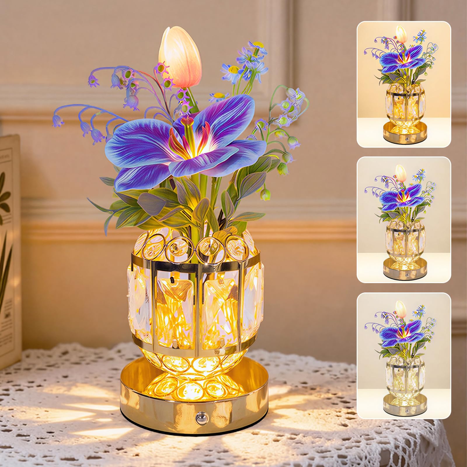 Flower Table Lamp, 3-Color Dimmable Tulip Artificial Flowers Night Light, Rechargeable Cordless Small Lamp, Ambient Light with C
