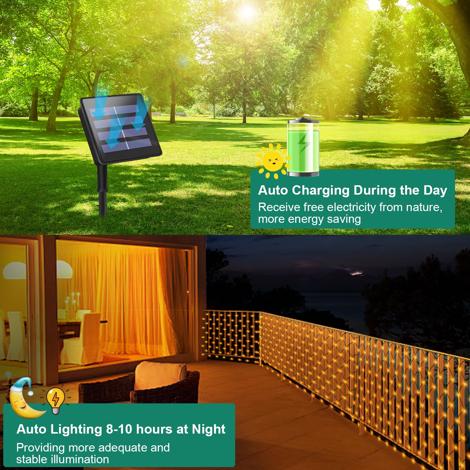 echosari Solar Powered Net Lights, 200 LED, 9.8Ft x 6.6Ft, Dark Green Wire, 8 Modes, Warm White
