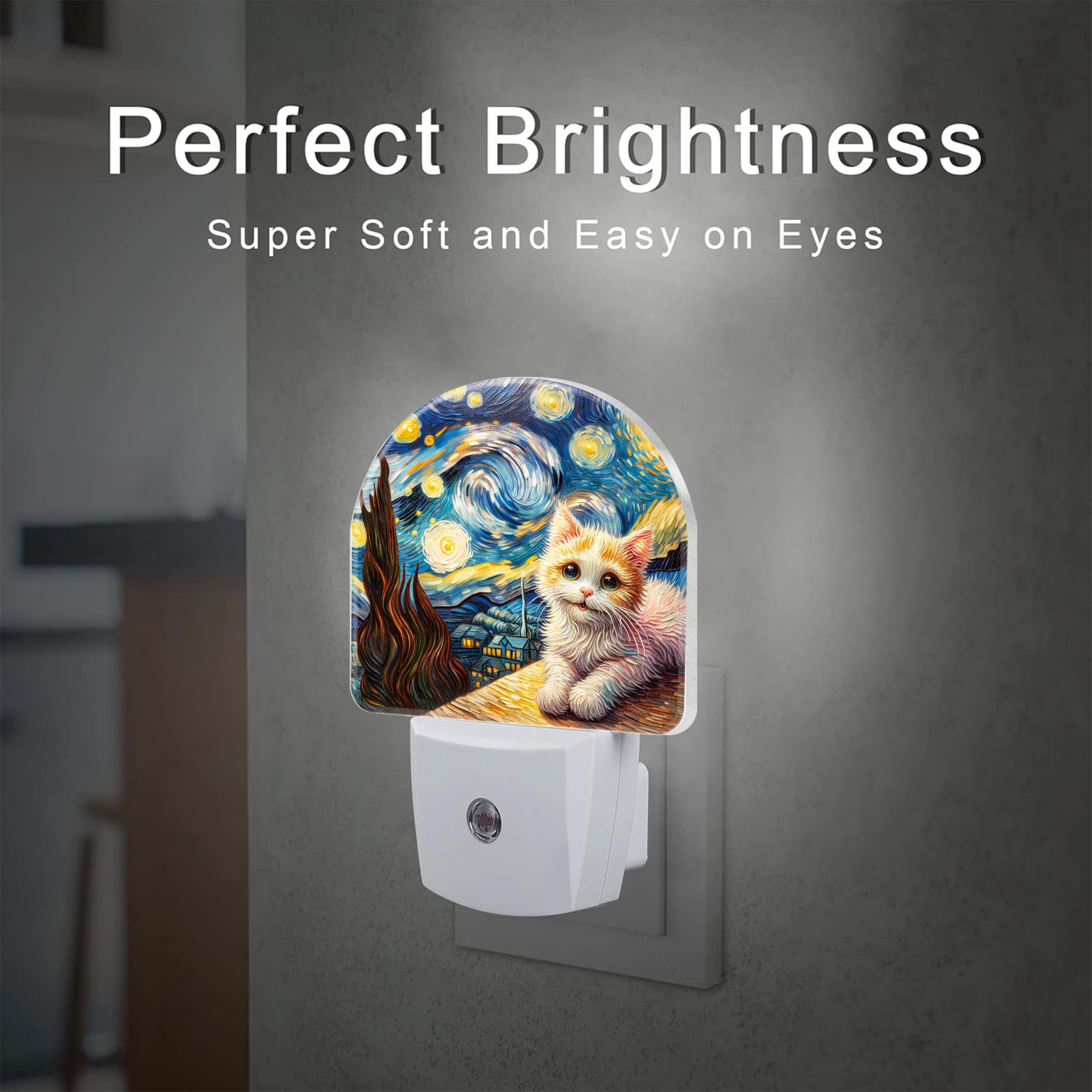 VURQLHE Cute Cat and Starry Night Night Light for Kids,Van Gogh Oil Painting Plug in Night Light with Dusk to Dawn Sensor, 0.5w