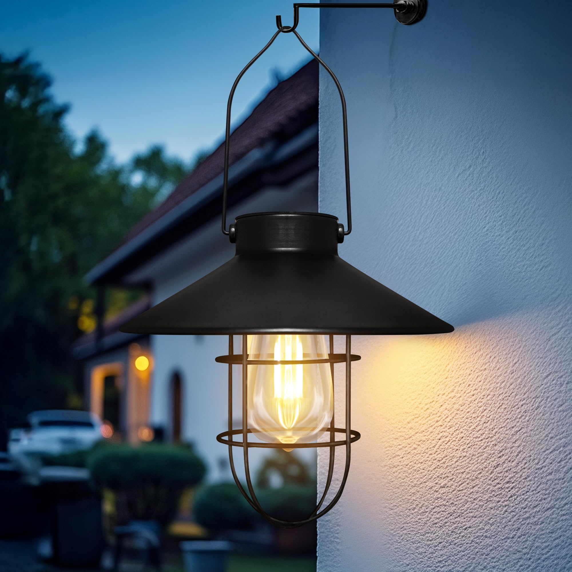 pearlstar Solar Lantern - Waterproof Vintage Metal Light with Warm White Edison Bulb, Black, Model M-175